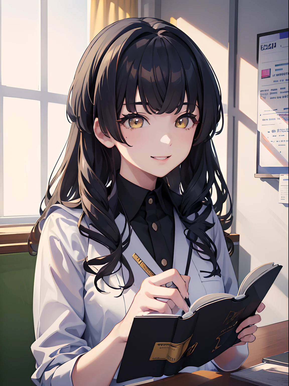 masterpiece, best quality, 1girl, black hair, ,yellow eyes, school uniform, classroom, smiling, reading a book, detailed eyes, detailed facial features, realistic and high resolution (best quality, 4k, 8k, highres, masterpiece:1.2)