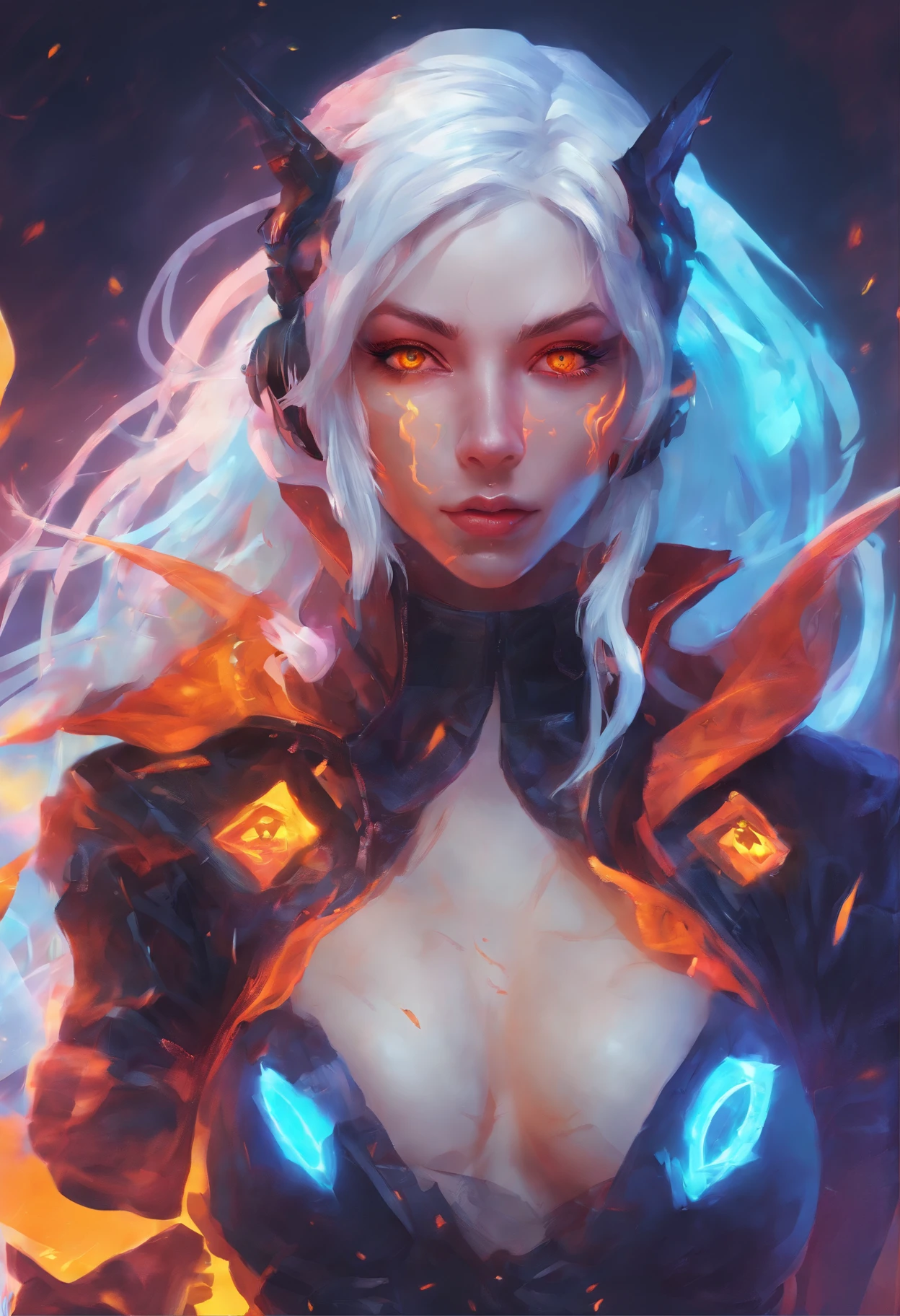 An outstanding beautiful white girl blowing, firelight, flame surrounding, fire magic messenger, dota 2 fire girl style, ghost knife style, fire-like hair, long white hair, watery blue yellow eyes, thin waist, wide hips, fire mage robes, magic colors, World of Warcraft style, Ultra HD, 8K, real skin texture, best light, best shadow, Prone view, small mouth, small nose, big eyes, cute, full body, perfect body proportions, enhanced contrast, fire dragon as background, void fragments