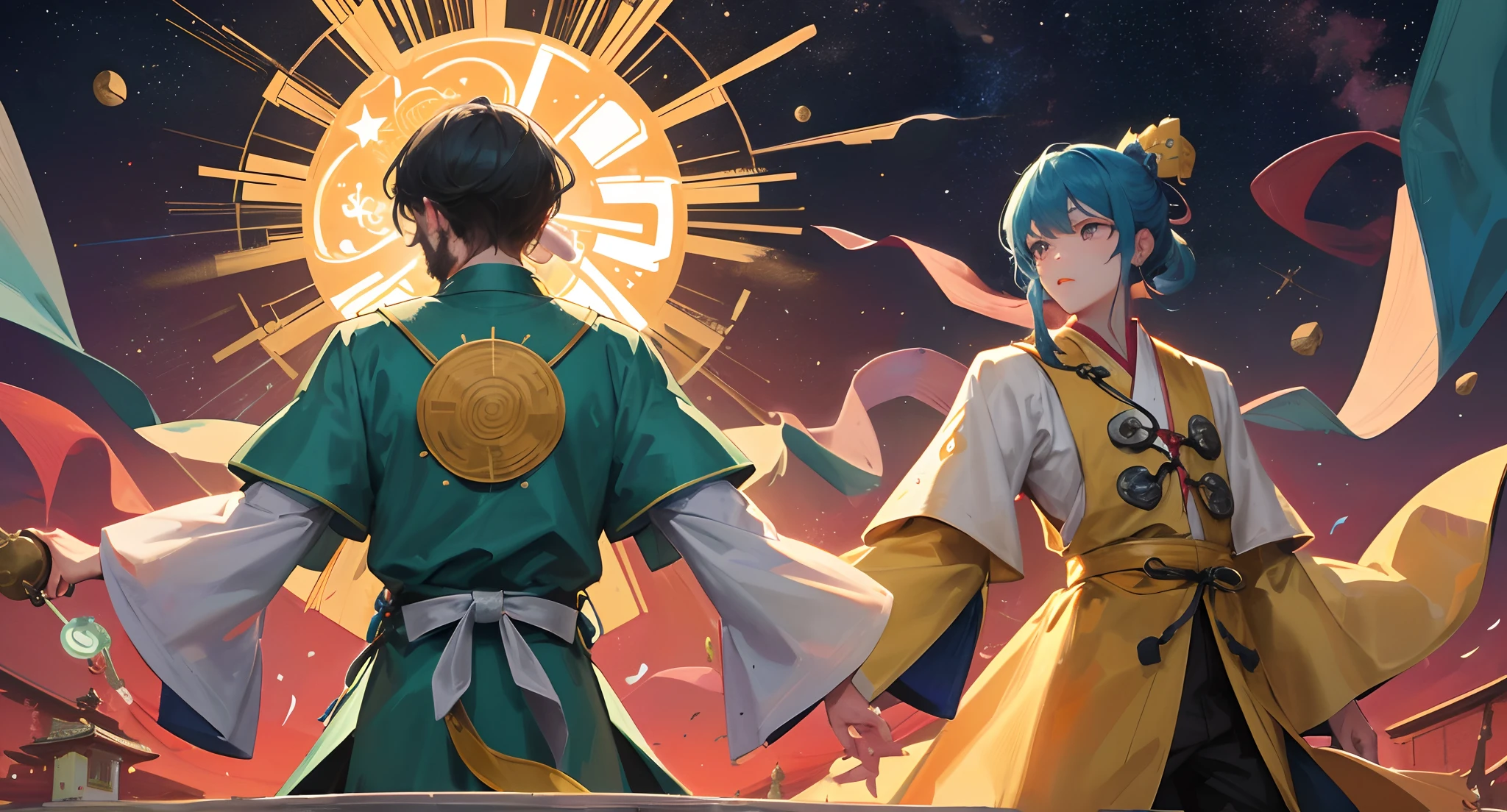 Chinese Ming Dynasty Taoist priests The cyan Taoist costume pattern is a cosmic diagram located on the upper back, which is usually a square composition containing various astronomical symbols, within the circle in the center, a pagoda surrounded by the sun's rays represents heaven, surrounded by clouds and stars, surrounded by clouds and stars, colored discs outside the circle represent stars, between the sun and the moon, along the top edge of the square, three gates of heaven appear; the man has a beard on his face, stands, has a kind face, holds three clear bells and shakes, and has a treasure banner planted behind his back