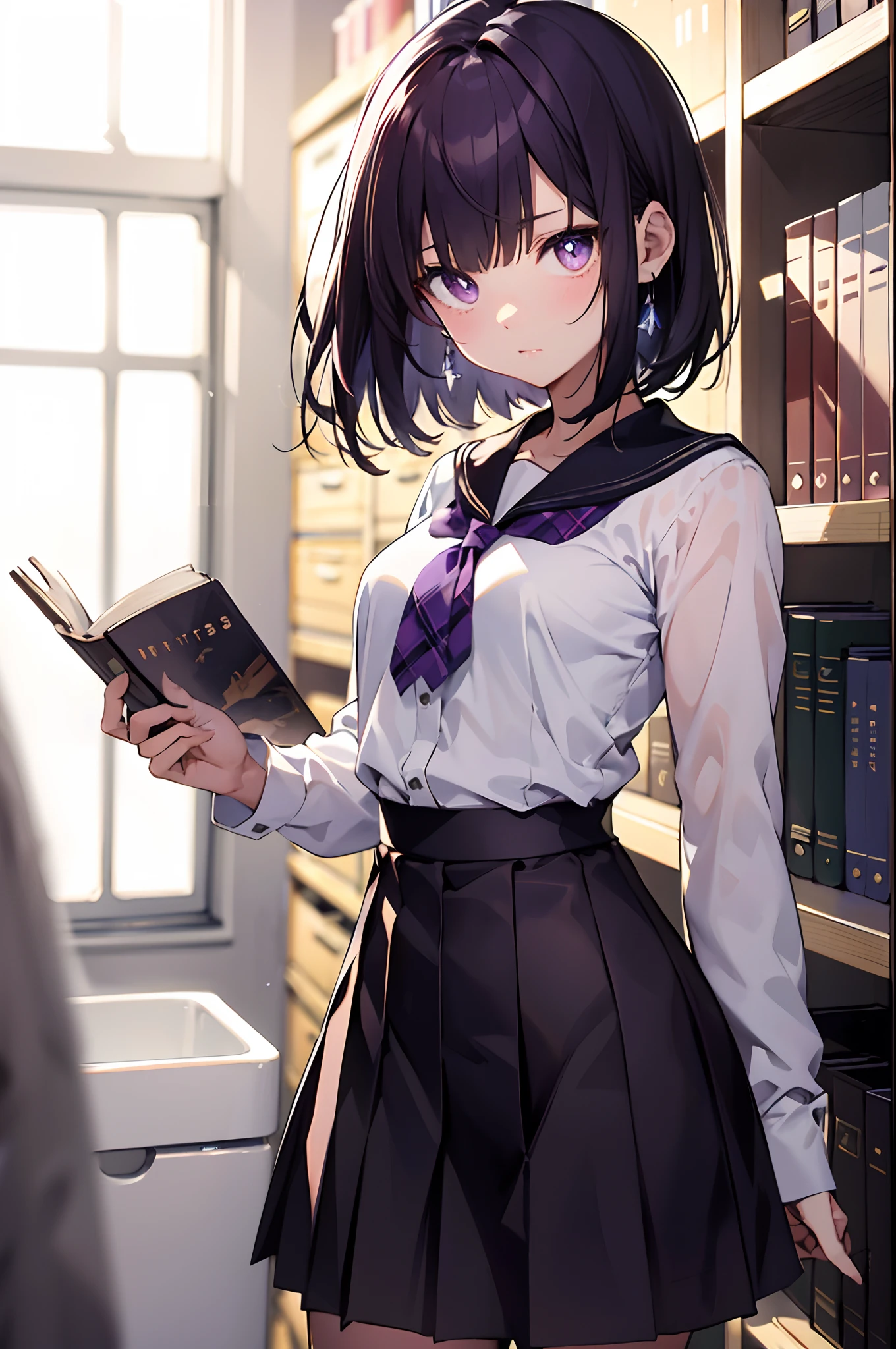 (top-quality、in 8K、32K、​masterpiece、nffsw、超A high resolution、Impresionismo、Photorealsitic:1.2)、cowboy  shot、foco nítido、detailed faces and eyes、inside in room、atlibrary、Bookshelf in the background、Ephemeral Girl、beauitful face、blurry backround、Sharp pupils、Realistic pupils、school ground、beauitful face、blurry backround、18 year old beautiful girl、shinny skin、bob cuts、Beautiful dark purple hair、Blunt bangs、Purple eyes、Shirt、neck tie、Plaid miniskirt、Black socks、(Have a skirt、Lifting skirt、I can see the white panties:1.3)、(Embarrassed look:1.2)、Sailor Saturn