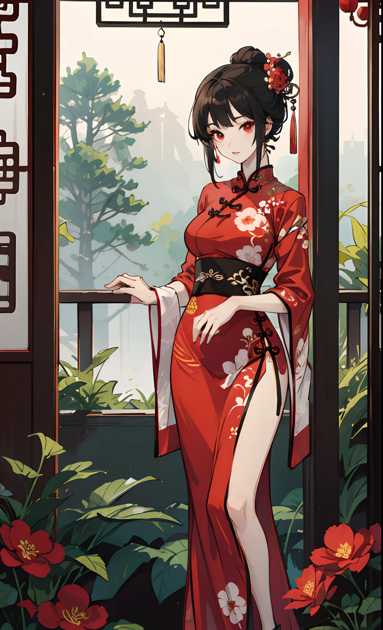 Anime girl in red and white dress posing on balcony, Palace ， A girl in Hanfu, Guviz, seductive anime girls, beautiful and seductive anime woman, cute anime waifu in a nice dress, Guweiz in Pixiv ArtStation, Guweiz on ArtStation Pixiv, Guviz-style artwork, by Yang J