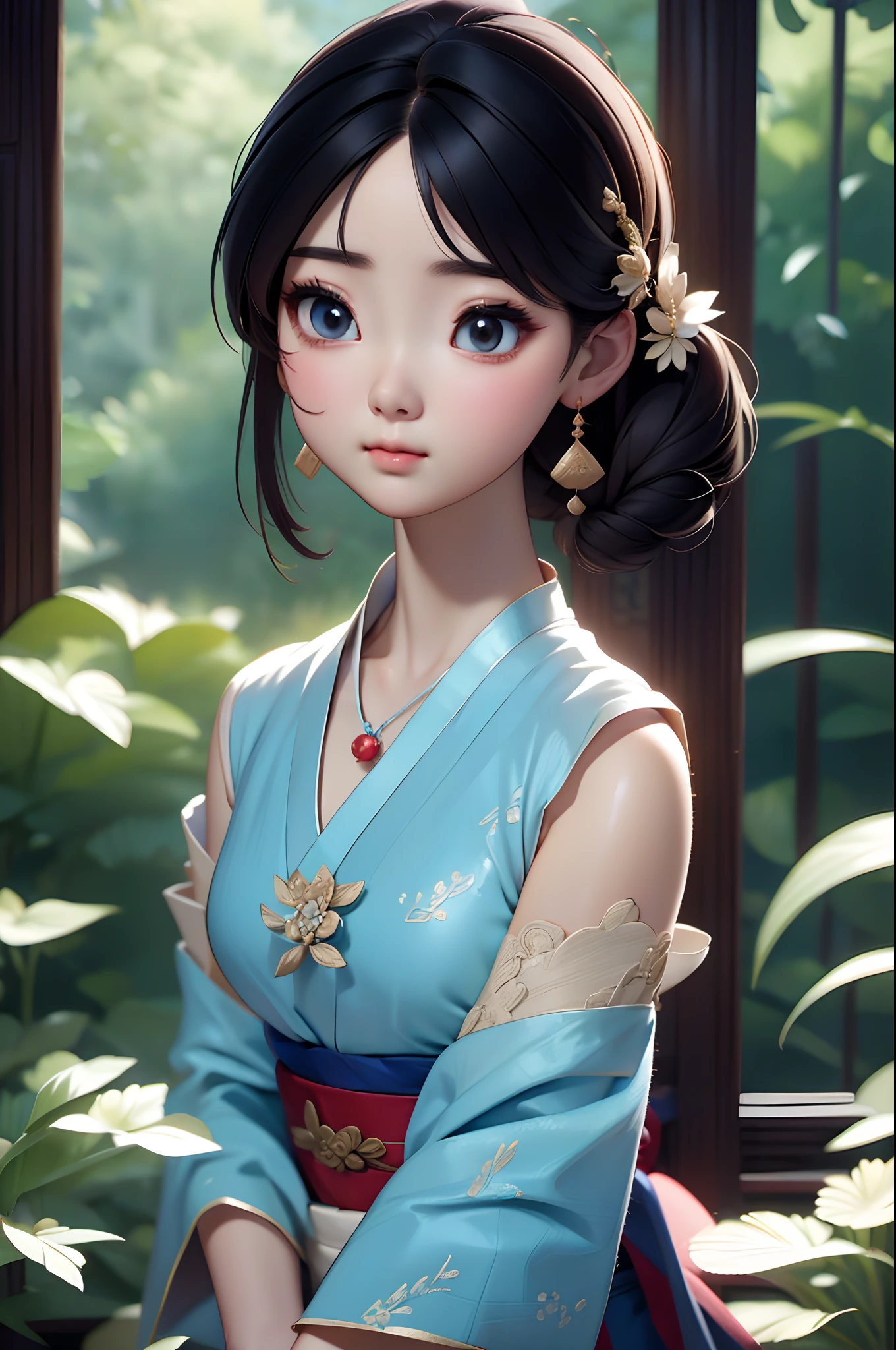 Close-up of a woman wearing a light blue slip dress necklace, Chinese style, Chinese girl, Beautiful character painting, Guviz-style artwork, Palace ， A girl in Hanfu, Beautiful rendering of the Tang Dynasty, Realistic anime 3 D style, trending on cgstation, 8K high quality detailed art, Princesa chinesa antiga, Chinese woman, Guviz