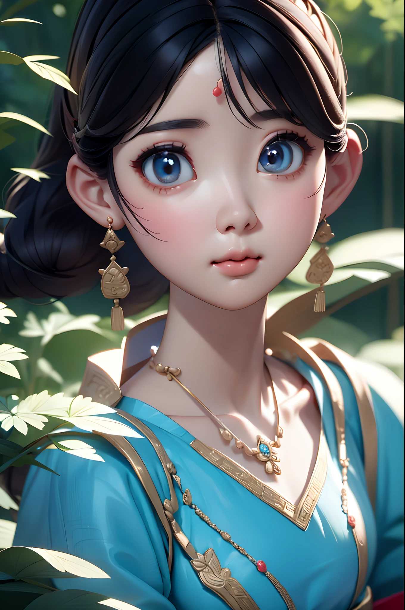 Close-up of a woman wearing a light blue slip dress necklace, Chinese style, Chinese girl, Beautiful character painting, Guviz-style artwork, Palace ， A girl in Hanfu, Beautiful rendering of the Tang Dynasty, Realistic anime 3 D style, trending on cgstation, 8K high quality detailed art, Princesa chinesa antiga, Chinese woman, Guviz