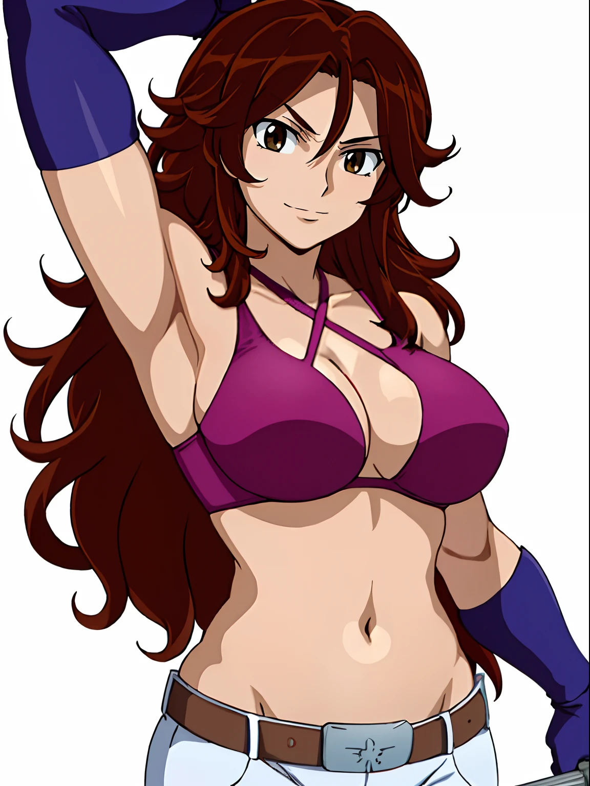 Flexing arm muscles, Karate stance, ((solo)), Best Quality, hires, curvy midsection, (tilt head, defined weak muscles, detailed muscles), smile, happy), upper body only, anime style: 1.8, anime drawing, ultra detailed face, ultra detailed body, 4k, Sumergai Lee Noriega, karate stance, best quality, anime style, hires, highest definition, digital blending, bold drawing lines, (((White Background))), ( (defined muscles), long attractive belly, slim body, ((strong arm muscles)), broad shoulders , off-shoulders, closed fists, (slutty bra, shorts, white gloves, , arm band, (champion belt))), (large breasts, defined cleavage, closed mouth, big bellybutton, shiny skin), (big eyes, brown eyes, shiny eyes), (reddish hair, loose hair, curly hair, wavy hair, long hair, floating hair)