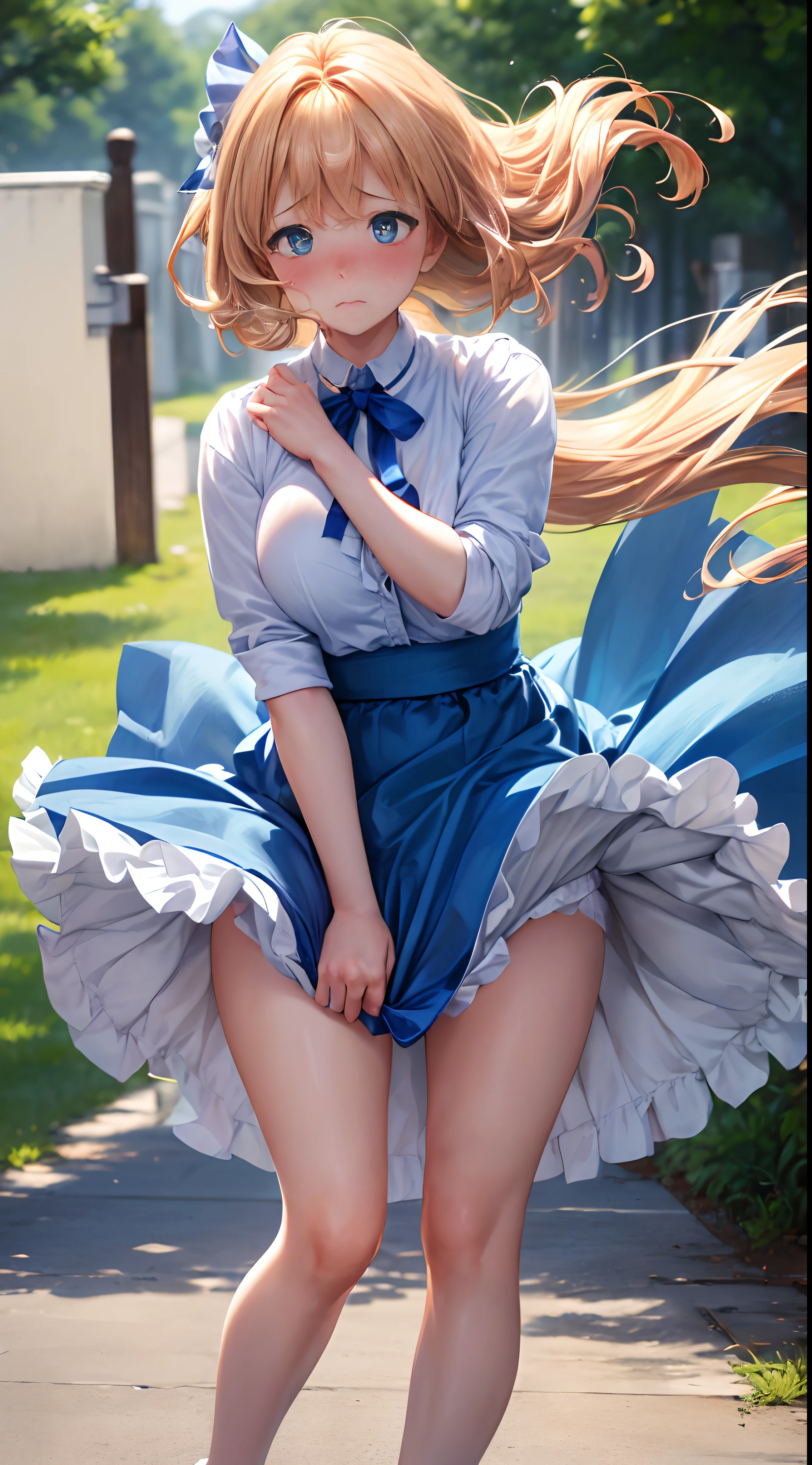 1womanl,Golden head hair,Blue ribbon ,((Surprised look)),Beautiful breasts,White shirt,Blue dress,well-styled,,(Facing the front)(((Blushing cheeks、embarassed expression)),(((The skirt is rolled up by the wind)))