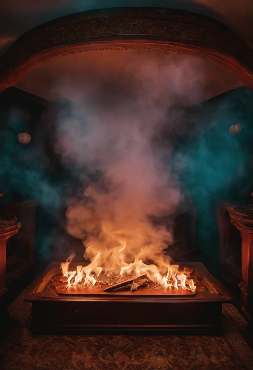 Represent a weird and scary smoke that gets out from a broken ouija board