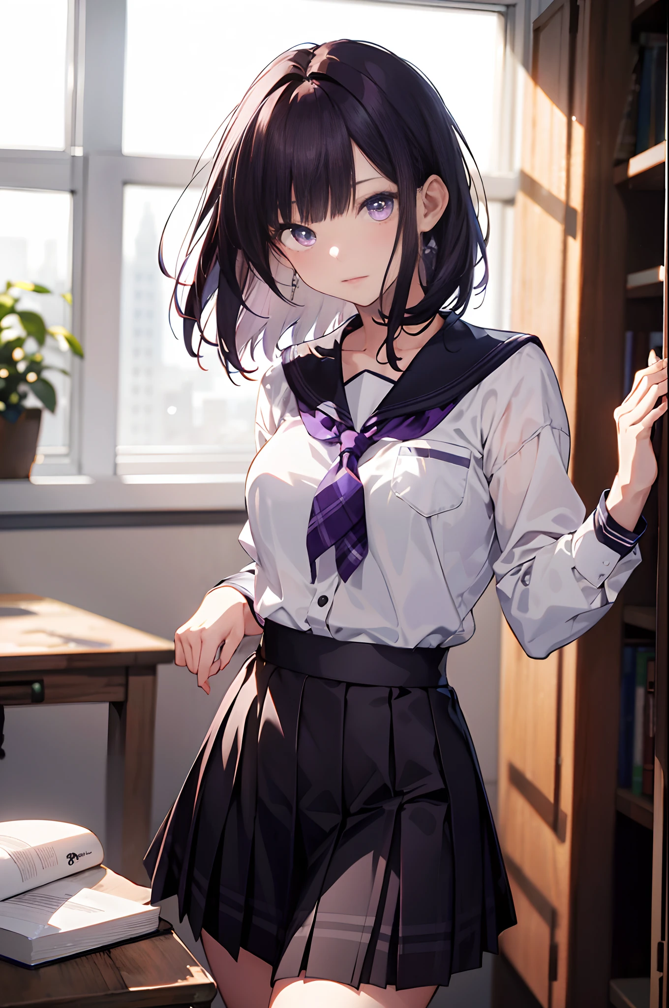 miyabisenpai, miyabi senpai, short hair, bangs, purple hair, (purple eyes:1.1),
BREAK skirt, shirt, long sleeves, ribbon, school uniform, pleated skirt, choker, collared shirt, neck ribbon, black choker,
BREAK indoors, classroom,
BREAK looking at viewer, (cowboy shot:1.5),
BREAK (masterpiece:1.2), best quality, high resolution, unity 8k wallpaper, (illustration:0.8), (beautiful detailed eyes:1.6), extremely detailed face, perfect lighting, extremely detailed CG, (perfect hands, perfect anatomy),