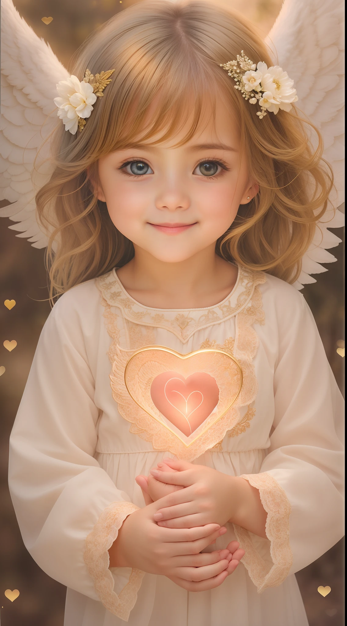 Blessings of Angels、Bright background、holding a heart、tenderness、A smile、Gentle、 Angel、facing front、Looking at the camera