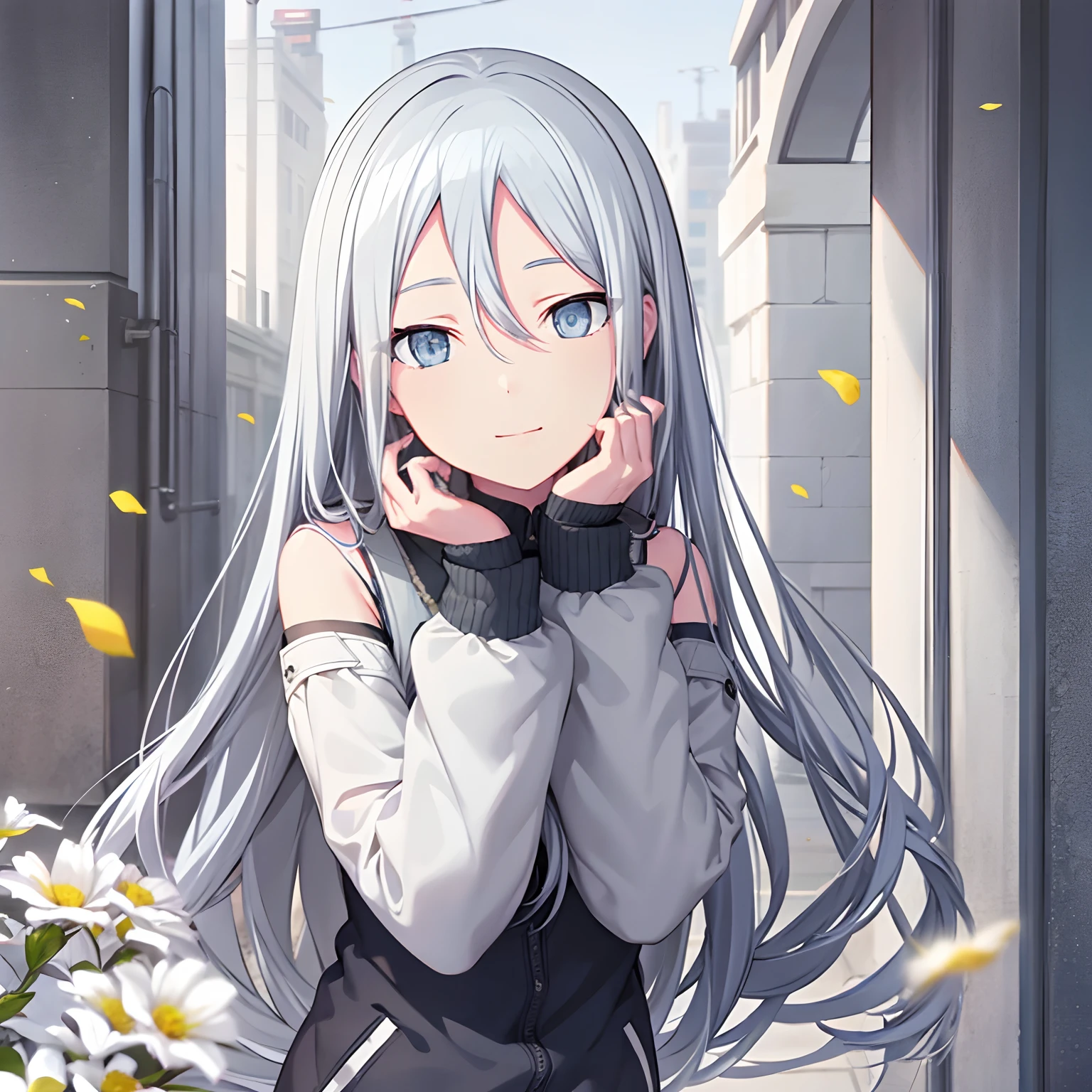 Grey eyes, kanade3rd, looking at viewer, smile, long sleeves, closed mouth, jacket, upper body, flower, white hair, off shoulder, white jacket, hands on own face