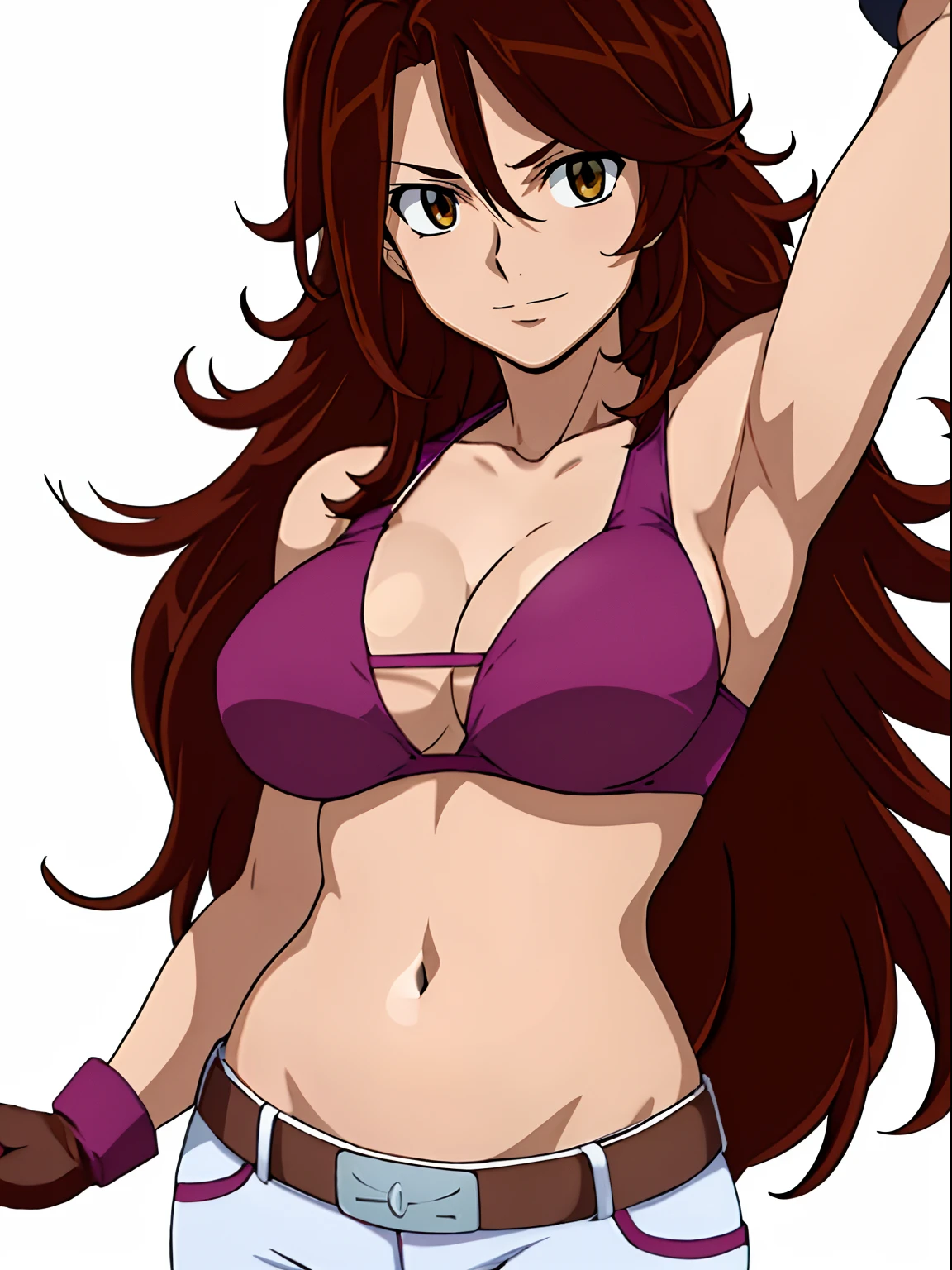 Flexing arm muscles, Karate stance, ((solo)), Best Quality, hires, curvy midsection, (tilt head, defined weak muscles, detailed muscles), smile, happy), upper body only, anime style: 1.8, anime drawing, ultra detailed face, ultra detailed body, 4k, Sumergai Lee Noriega, karate stance, best quality, anime style, hires, highest definition, digital blending, bold drawing lines, (((White Background))), ( (defined muscles), long attractive belly, slim body, ((strong arm muscles)), broad shoulders , off-shoulders, closed fists, (slutty bra, shorts, white gloves, , arm band, (champion belt))), (large breasts, defined cleavage, closed mouth, big bellybutton, shiny skin), (big eyes, brown eyes, shiny eyes), (reddish hair, loose hair, curly hair, wavy hair, long hair, floating hair)