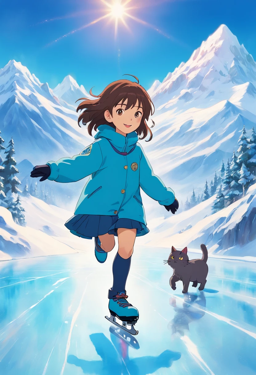 10-year-old girl, and a round-eyed cute cat,In ice skating, snow mountains.