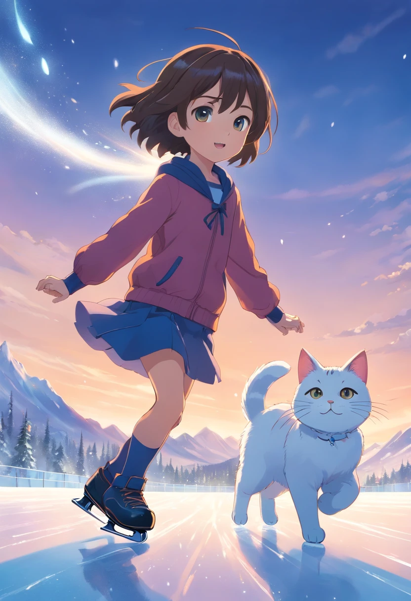 -yeld gi and a round-eyed cute cat,In ice skating, snow mountains.