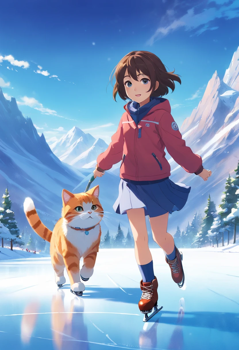 -yeld gi and a round-eyed cute cat,In ice skating, snow mountains.