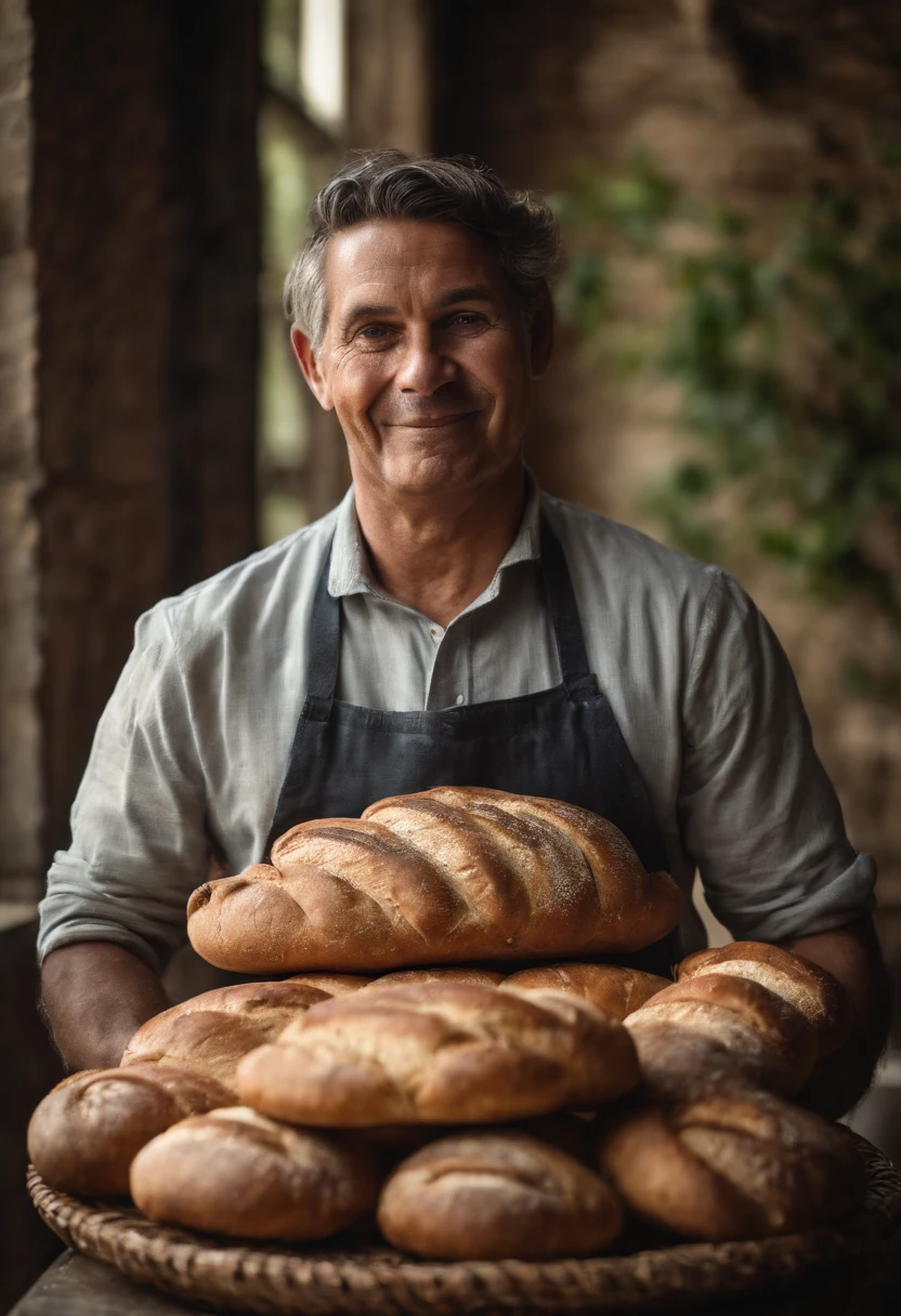 Show the life of a Bread Informs personam holding a loaf of bread and several loaves behind him