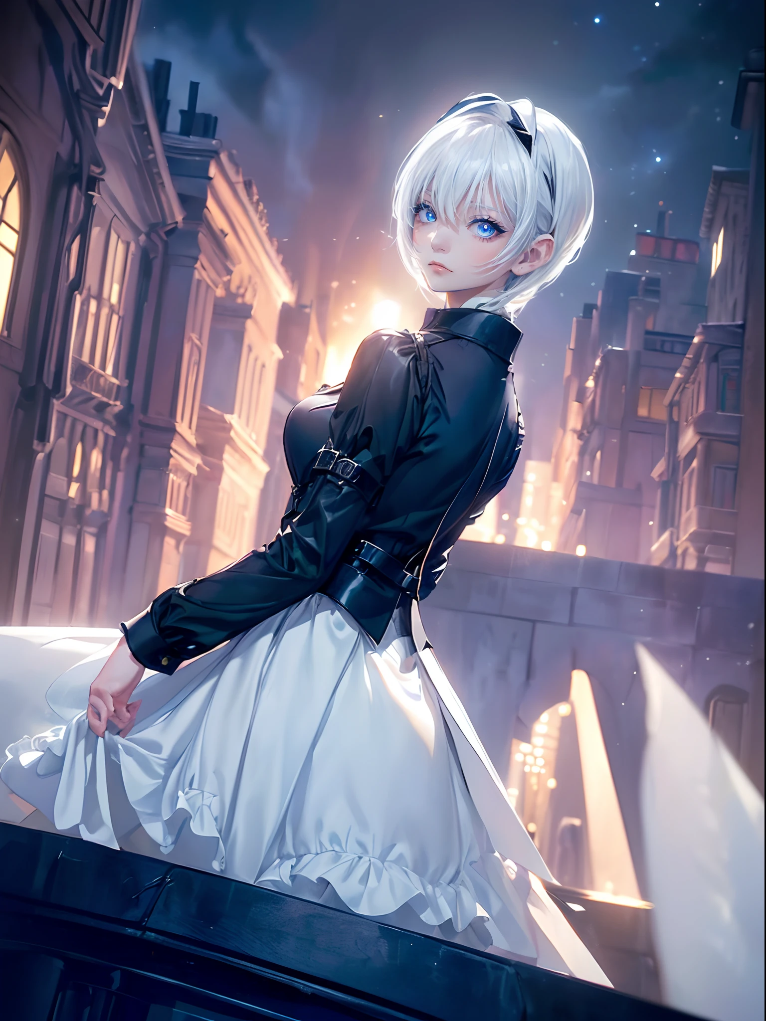 ((4K works))、masterpiece、(top-quality)、One Beautiful Girl、Slim body、tall、((Black Y-shirt and white pants、Charming street style))、(Detailed beautiful eyes)、Stylish English black balcony、Castle inhabited by villains、Black shop window、Balcony at night、((Starry sky in the background))、((dark sky))、((Stylish city scenery at night))、((Shot on a stylish veranda))、mid night、((Face similar to Carly Rae Jepsen))、((Short-haired white hair))、((Smaller face))、((Neutral face))、((Bright blue eyes))、((American adult women))、((Adult female 26 years old))、((cool lady))、((Like a celebrity))、((Wild look))、((Korean Makeup))、((elongated and sharp eyes))、((Happy dating))、((boyish))、((Upper body photography))、Professional Photos、((Shot alone))、((shot from back))、((Shot so that the back of the head is visible))、((Shot in close proximity to her))、((Focus zoom in))、((She is watching the sunset))、((She standing on the balcony))
