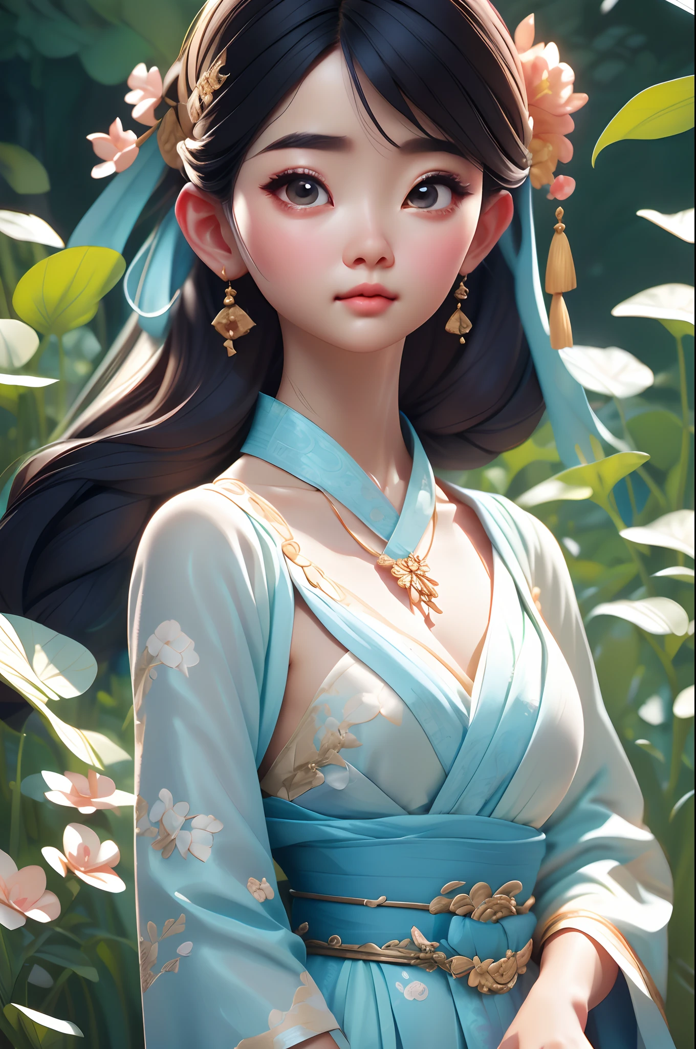 Close-up of a woman wearing a light blue slip dress necklace, Chinese style, Chinese girl, Beautiful character painting, Guviz-style artwork, Palace , A girl in Hanfu, Beautiful rendering of the Tang Dynasty, Realistic anime 3 D style, trending on cgstation, 8K high quality detailed art, Princesa chinesa antiga, Chinese woman, Guviz