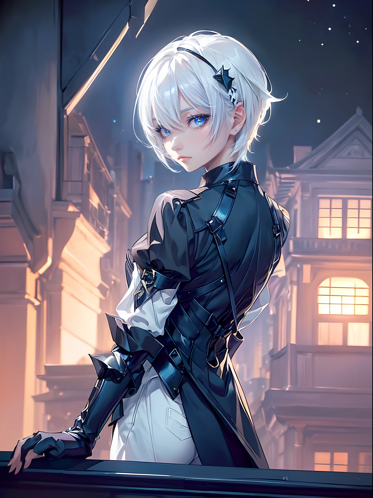 ((4K works))、​masterpiece、(top-quality)、One Beautiful Girl、Slim body、tall、((Black Y-shirt and white pants、Charming street style))、(Detailed beautiful eyes)、Stylish English black balcony、Castle inhabited by villains、Black shop window、Balcony at night、((Starry sky in the background))、((dark sky))、((Stylish city scenery at night))、((Shot on a stylish veranda))、mid night、((Face similar to Carly Rae Jepsen))、((Short-haired white hair))、((Smaller face))、((Neutral face))、((Bright blue eyes))、((American adult women))、((Adult female 26 years old))、((cool lady))、((Like a celebrity))、((Wild look))、((Korean Makeup))、((elongated and sharp eyes))、((Happy dating))、((boyish))、((Upper body photography))、Professional Photos、((Shot alone))、((shot from back))、((Shot so that the back of the head is visible))、((Shot in close proximity to her))、((Focus zoom in))、((She is watching the sunset))、((She standing on the balcony))