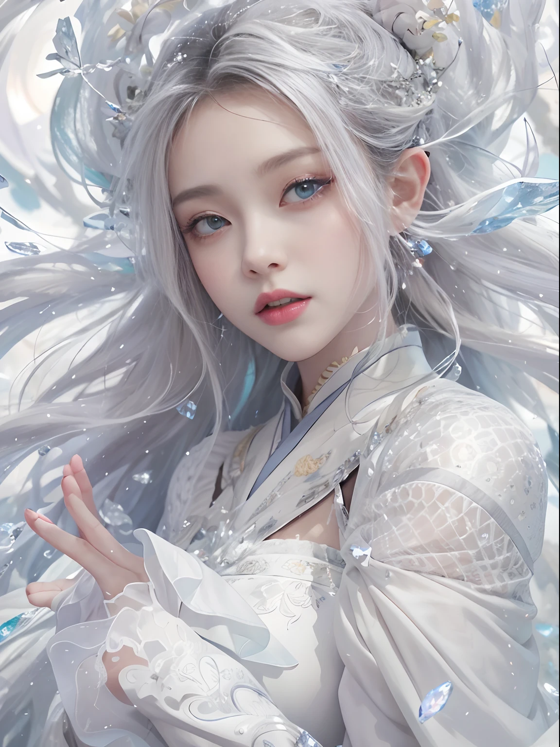 （tmasterpiece，top-quality，optimum，offcial art，Beautiful and aesthetic，Long exposure：1.2），Smooth movement，Charming Patterns， 1 rapariga，（Long Skirt with Sleeves：1.3），(((white  clothes)))，upper body closeup，No Shoulders，Chinese Girl，Blushlush，Black lob hair， sportrait，独奏，The upper part of the body，gaze at the observer，detailedbackground，Detailed face，(crystallineAI, Crystalline Theme:1.1)，elemental wind elves，Swirling wind，control the wind，White crystal clothes，dynamicposes，particles floating，Ethereal Power，Round and round，steams，whirlwind in the background，White tones，Round and round，Ethereal Atmosphere，White stockings
