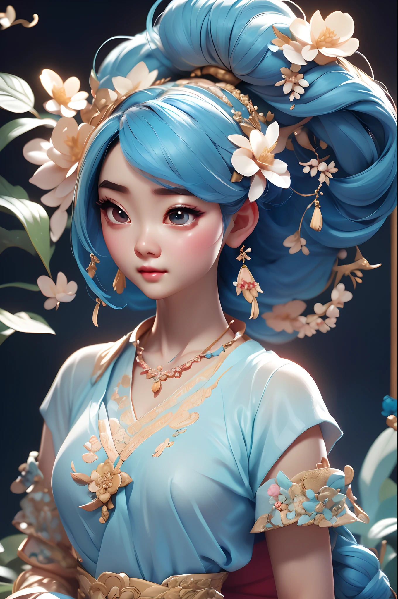 Close-up of a woman wearing a light blue slip dress necklace, Chinese style, Chinese girl, Beautiful character painting, Guviz-style artwork, Palace ， A girl in Hanfu, Beautiful rendering of the Tang Dynasty, Realistic anime 3 D style, trending on cgstation, 8K high quality detailed art, Princesa chinesa antiga, Chinese woman, Guviz