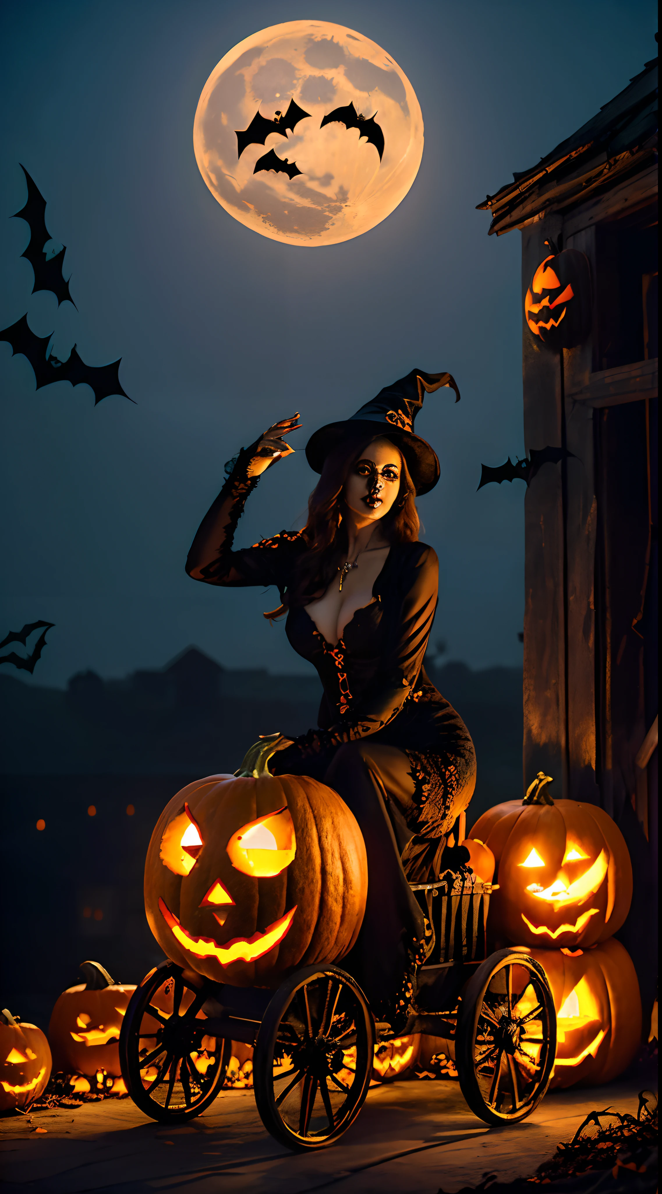 (halloween night:1.5),(Pumpkin monsters:1.2),(Sexy Witch:1.2),(Ride in a pumpkin carriage:1.2),(Seductive charm:1.2),(well-defined physique:1.2),(Spooky atmosphere:1.1),(Pumpkin Bio:1.1),(moonlit sky:1.1),(Enchanting journey:1.1),(mystical ambiance:1.1),(Festive celebrations:1.1),(gigantic cleavage breasts),(Beautuful Women)