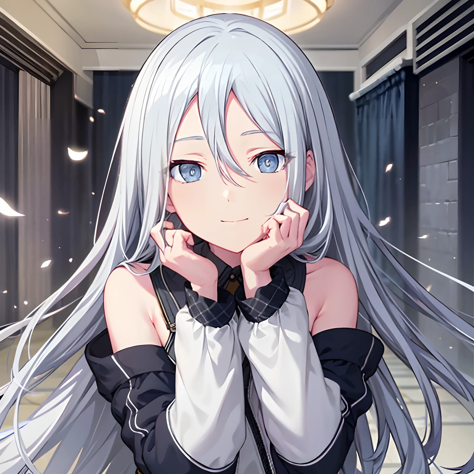 Grey eyes, kanade3rd, looking at viewer, smile, long sleeves, closed mouth, jacket, upper body, flower, white hair, off shoulder, white jacket, hands on own face