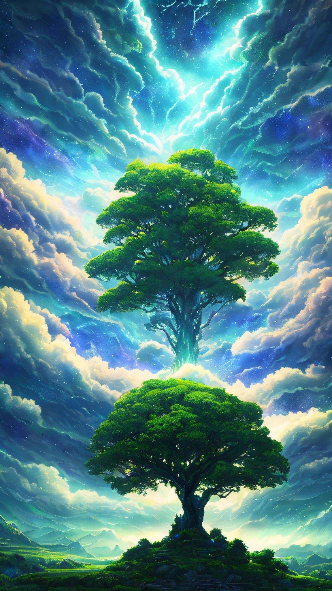 Illustration of a surreal, otherworldly, hyper sky scene including a giant crystal tree full body, highly detailed and magical lighting, intricate forest details, vegetation and surrounding river, solar punk, landscape, giant tree , beautiful green leaves, beautiful lighting and realistic proportions, as if this is a movie background, 8k, highest quality, masterpiece, clouds and stars in the sky.