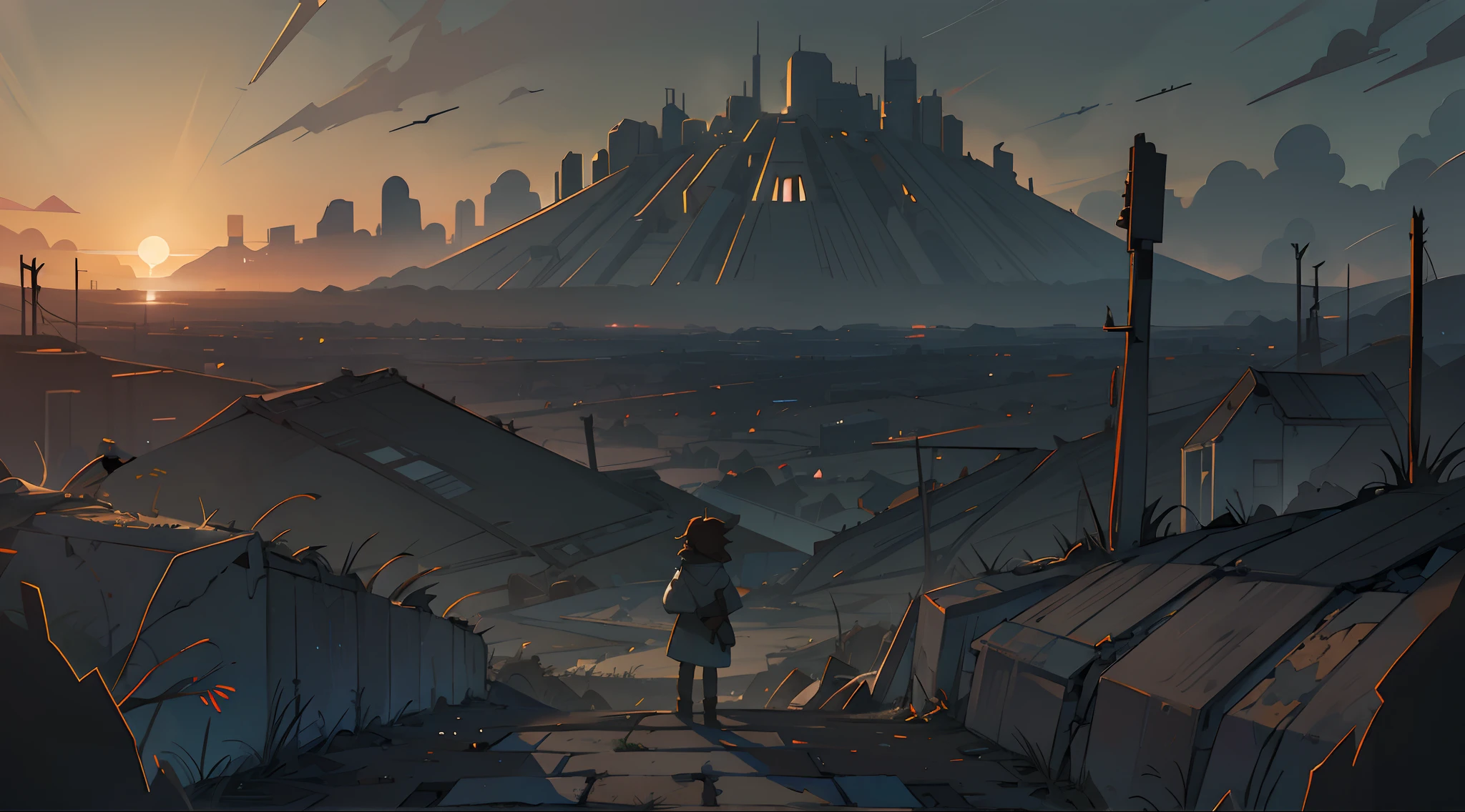 In a post-apocalyptic world, the horizon unfolds as an immense expanse of desolation and destruction. The sky is shrouded in dark and menacing clouds, with the sun struggling to filter its light through the rifts. Human structures are reduced to charred ruins and fragments of concrete, and nature has begun to reclaim its space, with weeds and trees sprouting through cracks in the ground.
At the center of this post-apocalyptic landscape, there stands a solitary child. They are standing on a small mound of debris, a ray of hope amidst the surrounding desolation. They wear tattered clothes stained with dust and ash, while they affectionately clutch a small teddy bear in their tiny hand.
The child looks up toward the gloomy horizon, their eyes conveying a mixture of innocence and determination. Their disheveled hair flutters in the wind, while the remnants of a decaying world loom behind them, silent witnesses to better times now faded.
Despite the devastation that surrounds them, the child represents a fragile but precious hope for a better future. Their presence symbolizes human resilience, the strength of childhood in facing adversity, and the determination to build a fresh start, even in a post-apocalyptic world.