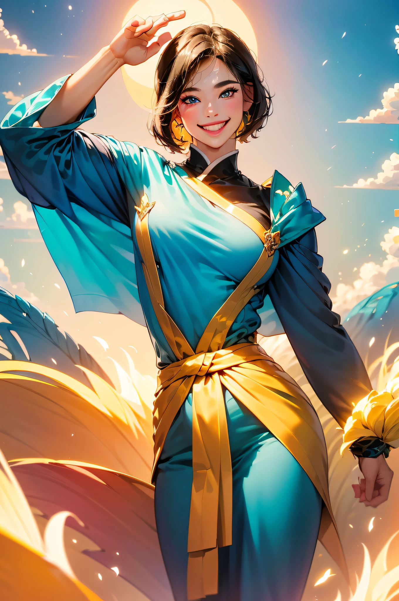 (in 8K、top-quality、masterpiece:1.2)、1人の女性、(Smiling smile:1.1)、beautidful eyes、Valley、The upper part of the body、shorth hair、Like a boy、Colossal tits、Green View、