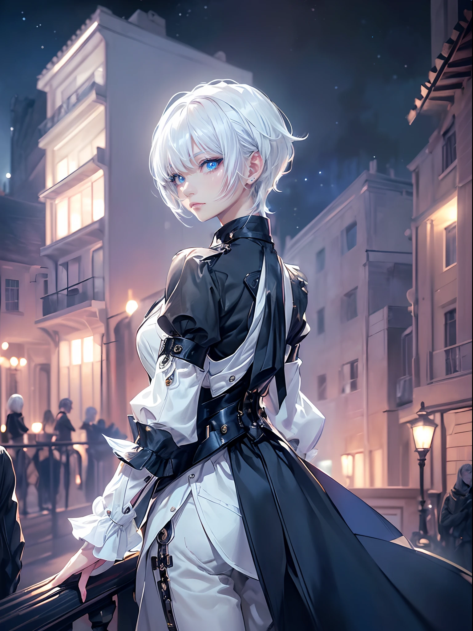 ((4K works))、​masterpiece、(top-quality)、One Beautiful Girl、Slim body、tall、((Black Y-shirt and white pants、Charming street style))、(Detailed beautiful eyes)、Stylish English black balcony、Castle inhabited by villains、Black shop window、Balcony at night、((Starry sky in the background))、((dark sky))、((Stylish city scenery at night))、((Shot on a stylish veranda))、mid night、((Face similar to Carly Rae Jepsen))、((Short-haired white hair))、((Smaller face))、((Neutral face))、((Bright blue eyes))、((American adult women))、((Adult female 26 years old))、((cool lady))、((Like a celebrity))、((Wild look))、((Korean Makeup))、((elongated and sharp eyes))、((Happy dating))、((boyish))、((Upper body photography))、Professional Photos、((Shot alone))、((shot from back))、((Shot so that the back of the head is visible))、((Shot in close proximity to her))、((Focus zoom in))、((She is watching the sunset))、((She standing on the balcony))