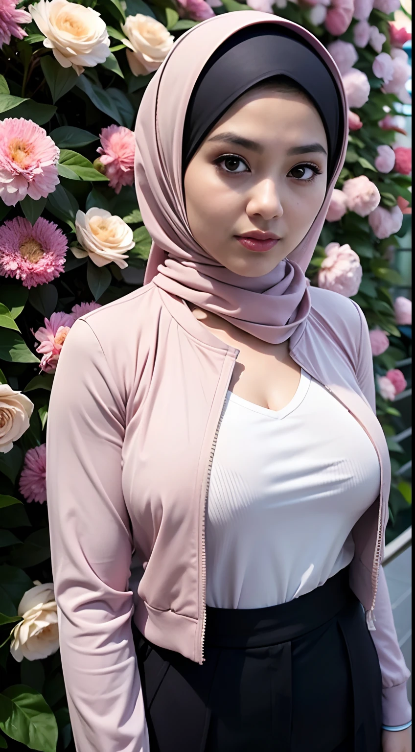 1 malay girl , modern plain hijab,  shy, medium portrait shot , watery  eyes ,lip watery, lip glossy, open mounth, ((big breast)), wear Half Button Rib Knit Tee with pastel color jacket and High Waist Plicated Detail Suit Pants, (big breast) , flower garden background, bokeh background, proportional body,