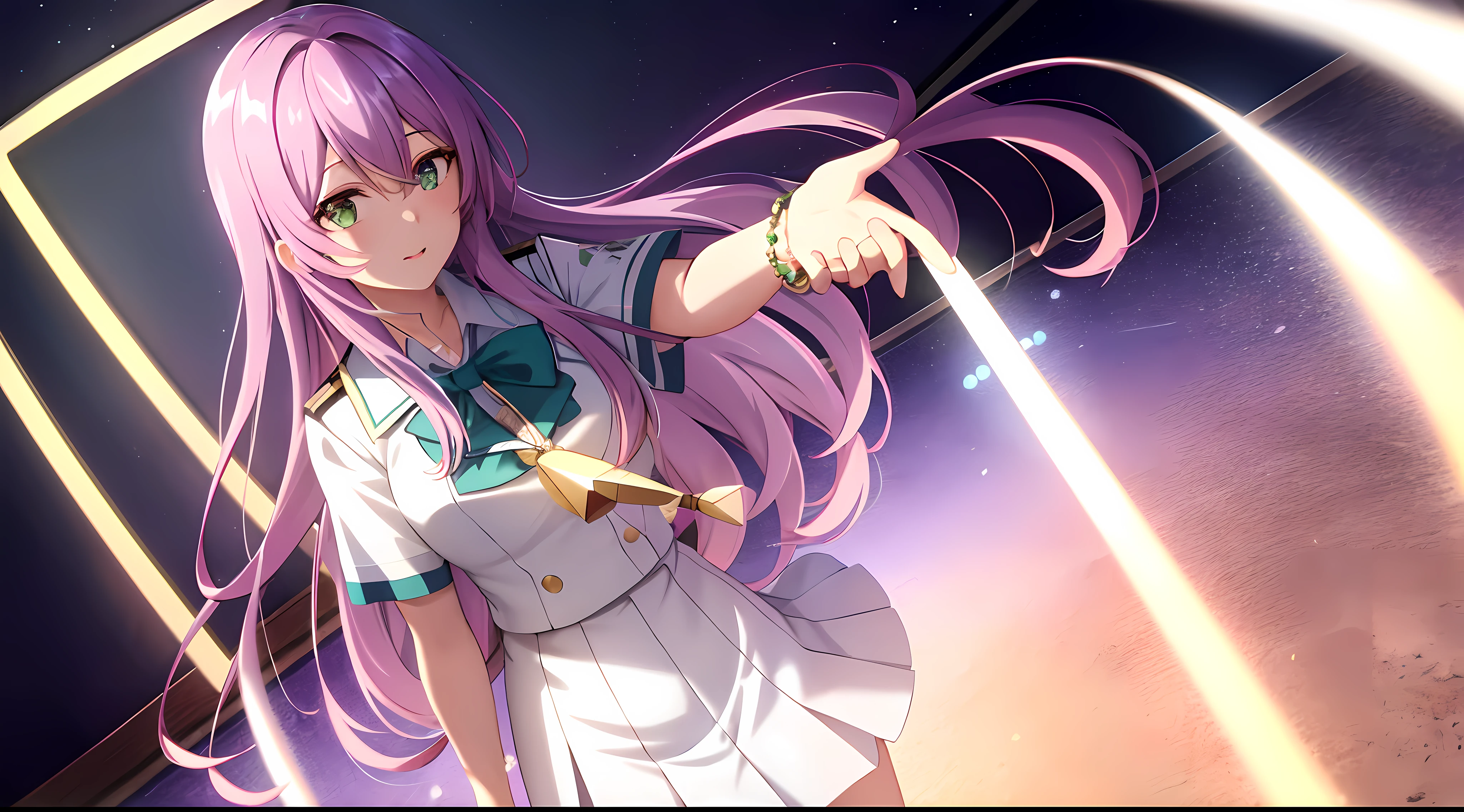 Athena with plain long light purple hair,hair between eyes,green eyes,rosy cheeks,full lips,thin eyebrows,slender body,school dress and long skirt,praying beads on neck,cute anime girl,full body,classroom in background,anime style,Lumen Reflections,Screen Space Reflections,Diffraction Grading,Chromatic Aberration,GB Displacement,Scan Lines,Ray Traced,Anti-Aliasing,FXAA,TXAA,RTX,SSAO,Shaders,OpenGL-Shaders, GLSL-Shaders,Post Processing,Post-Production,cell Shading,Tone Mapping,CGI,VFX,SFX,insanely detailed and intricate, 4K,standing, solo, masterpiece, best quality, detailed face, detailed eyes, highres, standing, solo,masterpiece, best quality