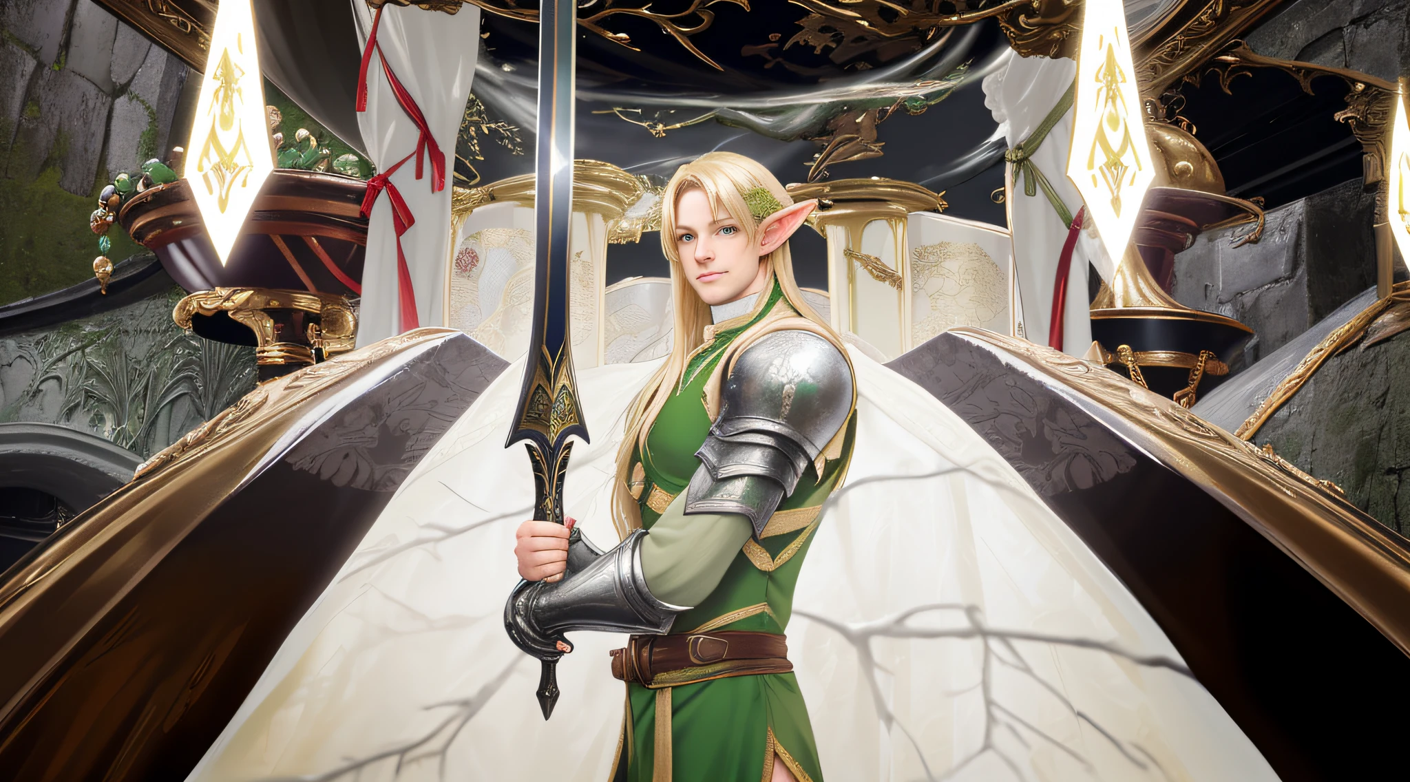 Blond man in green and gold suit holding a sword in a room, Ranger elfo rubio masculino, elven male, elven character with smirk, Elven blond warrior, un elfo macho, Hermoso elfo masculino, Un retrato de un elfo macho, de un elfo del anillo elden, Elfo macho de piel plateada, Elfo centrado, The best elven warrior, Elfo de sangre, paladin