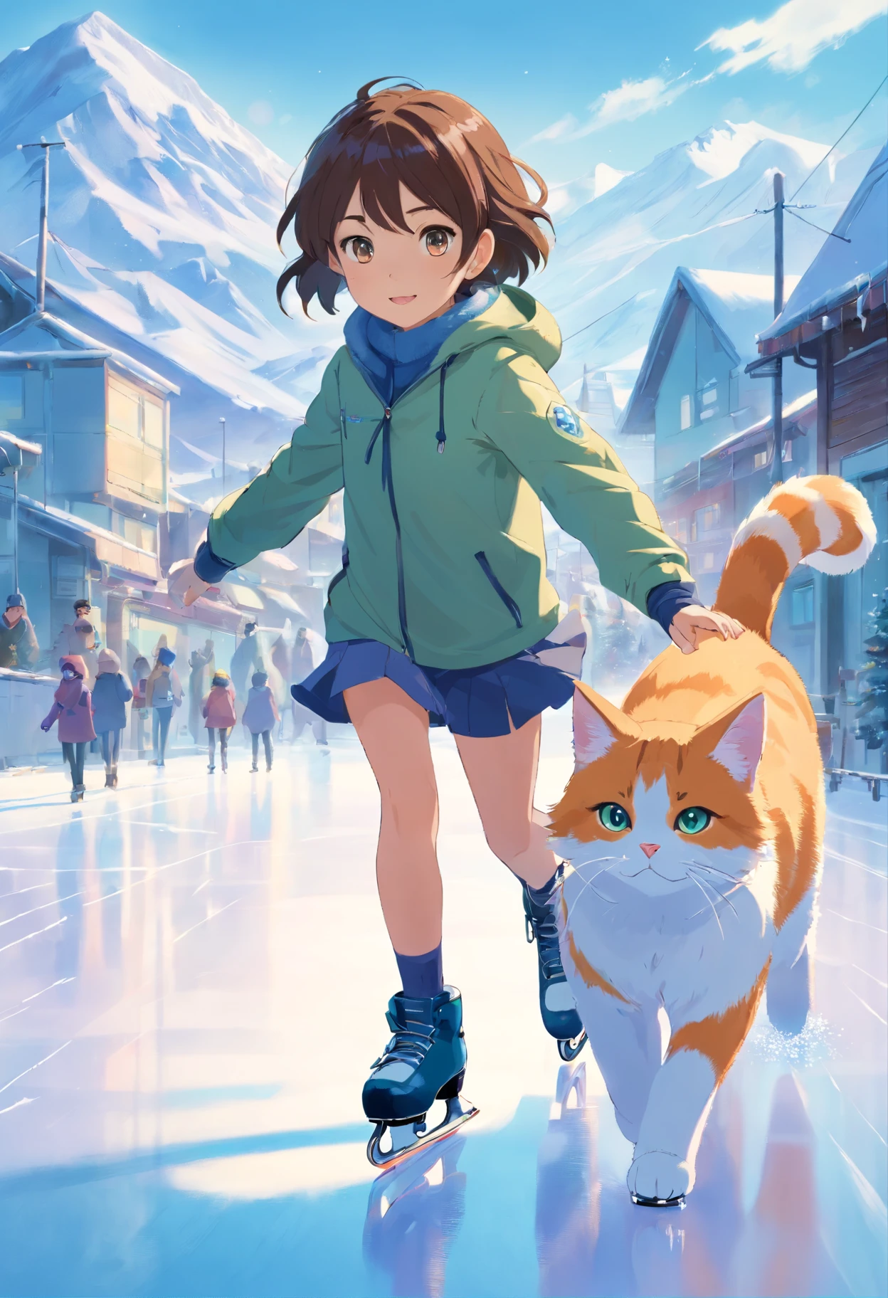 10-year-old girl, and a round-eyed cute cat,In ice skating, snow mountains.