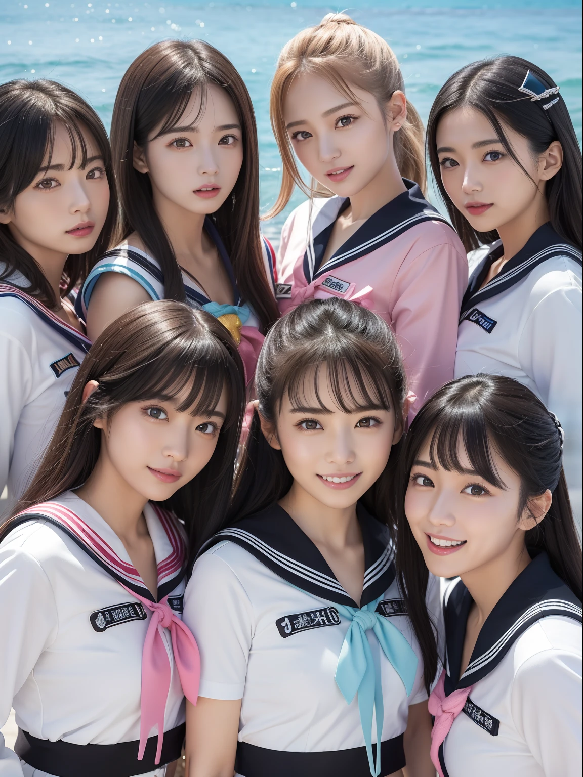 Outrageous resolution、hight resolution、(masterpiece:1.4)、ultra-detailliert、Crisp details、Dramatic and photorealistic pictorial art、Super Sentai Series、All women、All in sailor suits(Black、white colors、pink there、cyan colors、Gray color、Fivesome)Righteous heroes、Everyone smiles、