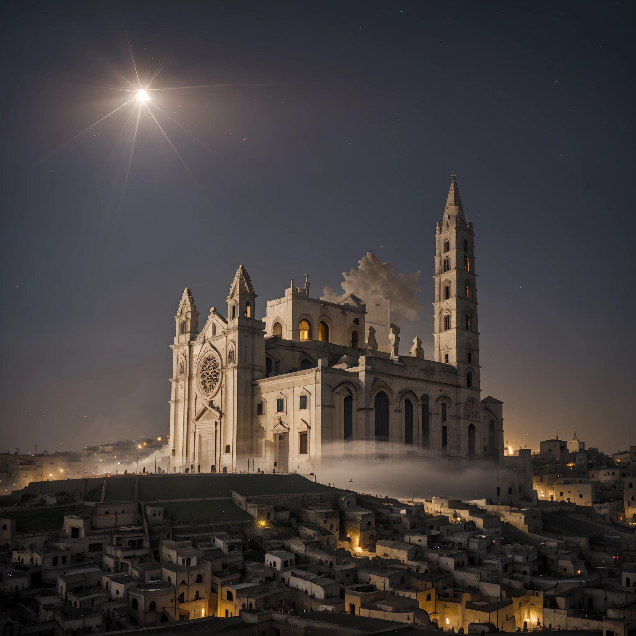 Cathedral of Matera, crepuscular particle lights from street lights during the night, high details, Tyndall effect, fog, smoke, blurred background