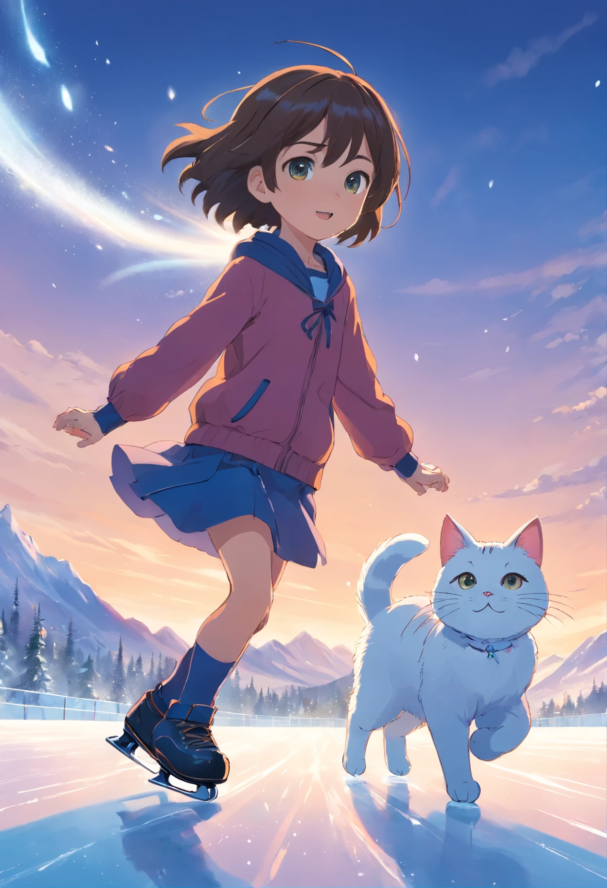10-year-old girl, and a round-eyed cute cat,In ice skating, snow mountains.