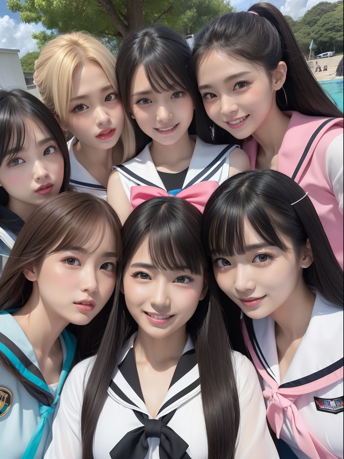 highest quality、High resolution、Detailed Background、(Beautiful face in every detail:1.4)、Anatomically correct、(Draw the usual number of fingers:1.2)、(Detailed facial expressions)、(Detailed eyes:1.2)、(Detailed eyes:1.2)、Beautiful, smooth skin、Teenage beauty、(Highly detailed face:1.4)、Cute color hair color、ponytail、Bobcut、Braided long hair、Wavy Hairstyle、well-groomed eyebrows、Cute Eye Makeup、Cute Lip Makeup、Short-sleeved white sailor suit、White sailor collar、Checkered Pleated Skirt、In a joking manner、Do cute things、Sunny sea background、Barefoot on the sand、A big smile、Sexual expressions、Fit on one screen、
(Three beautiful girls having fun with their friends:1.5)
