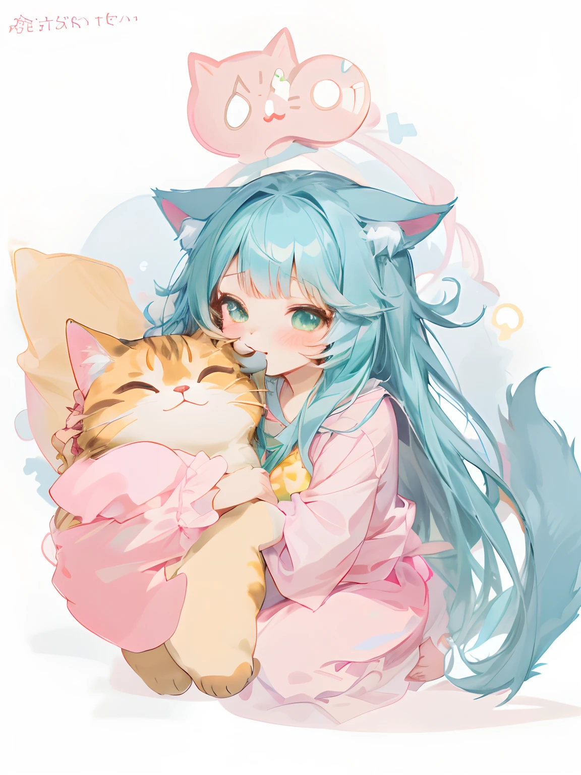 a cartoon drawing of a girl with teal hair and a cat ears, cute anime catgirl, anime catgirl, anime cat, nekomimi, beautiful anime catgirl, very beautiful anime cat girl, ahri, anime moe artstyle, very beautiful cute catgirl, attractive cat girl, nyaruko-san, catgirl, holo is a wolf girl