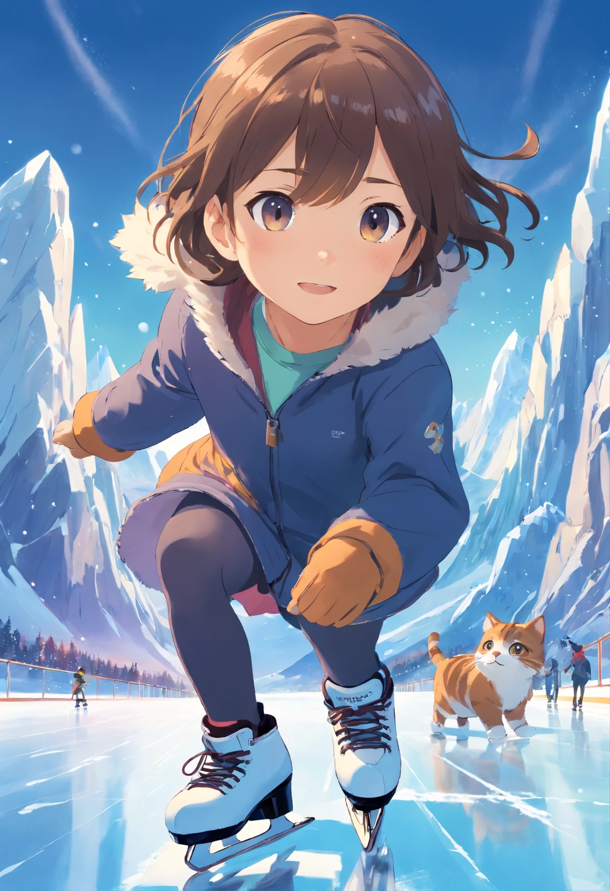 -yeld gi and a round-eyed cute cat,In ice skating, snow mountains.