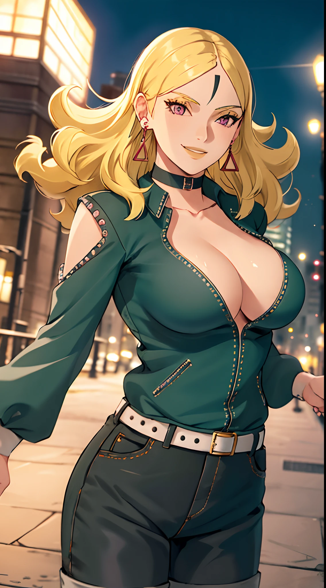 1girl,cowboy shot, beautiful Delta, earrings, blonde hair, looking at viewer, smile, shirt, pants, belt, dynamic pose,choker, black jacket, city, smile, outdoors, volumetric lighting, best quality, masterpiece, intricate details, tonemapping, sharp focus, hyper detailed, trending on Artstation,