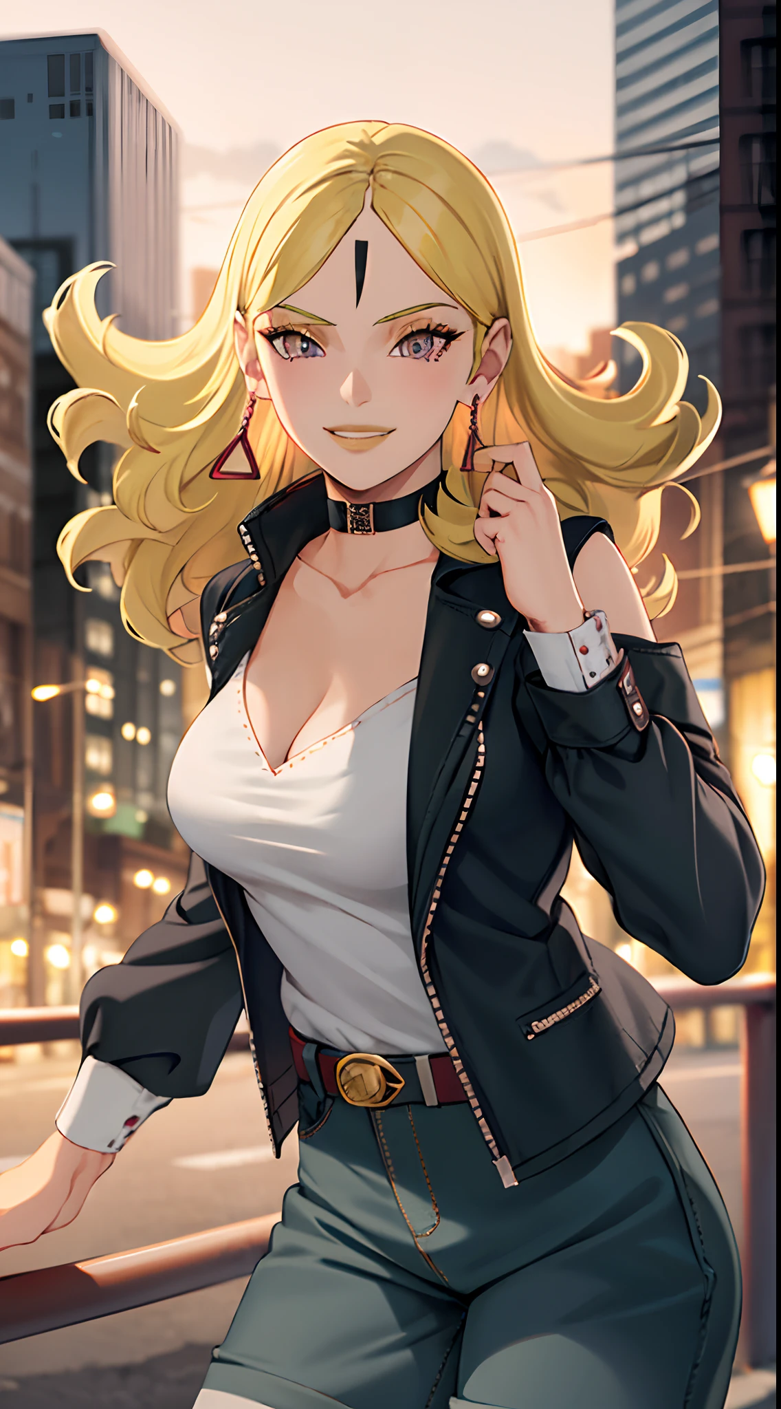 1girl,cowboy shot, beautiful Delta, earrings, blonde hair, looking at viewer, smile, shirt, pants, belt, dynamic pose,choker, black jacket, city, smile, outdoors, volumetric lighting, best quality, masterpiece, intricate details, tonemapping, sharp focus, hyper detailed, trending on Artstation,