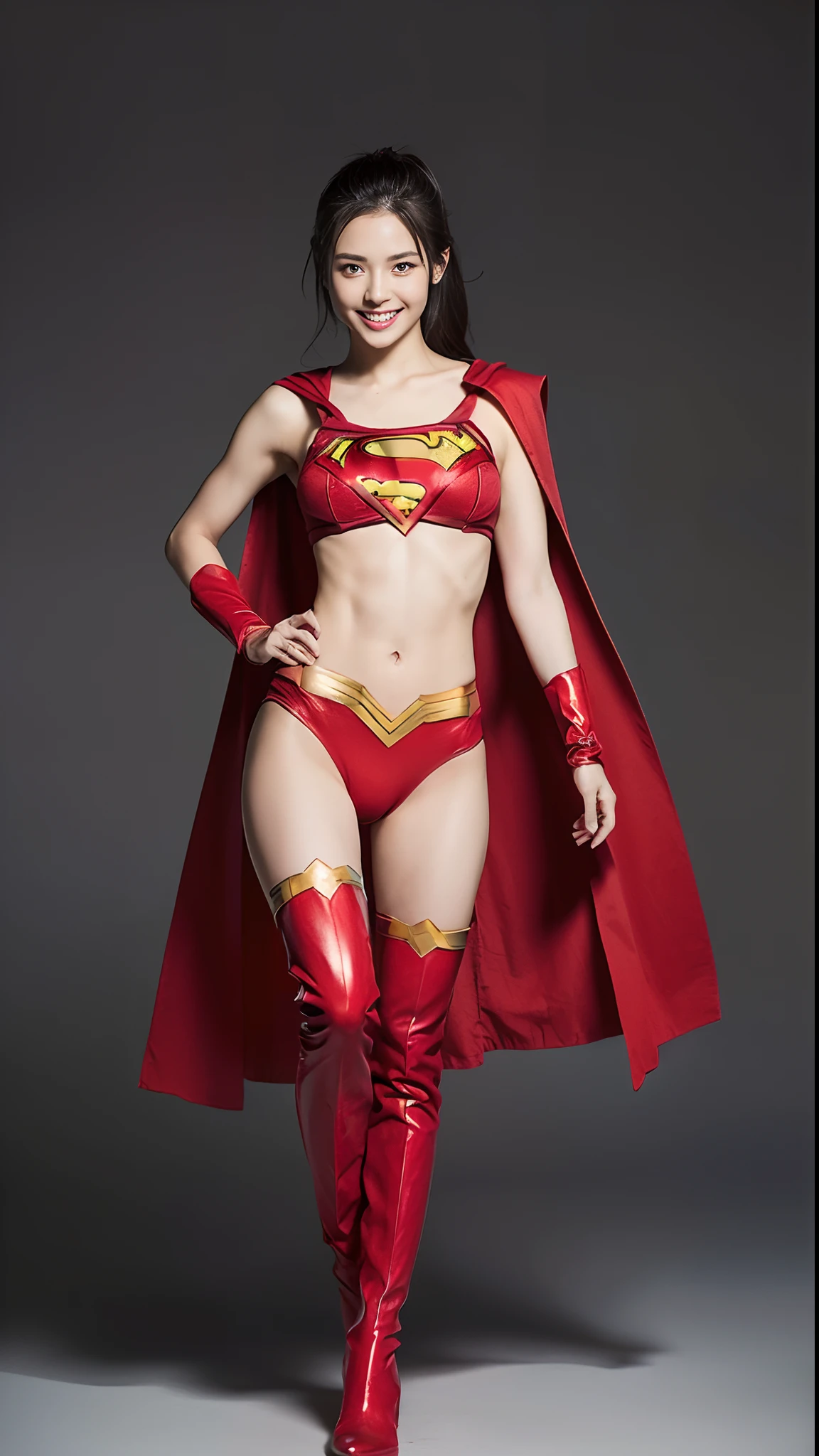 (((Wear black tights on your beautiful legs.)))、(((Grow legs、tall、beauty legs)))、(((facial expression of smile)))、((((Make the most of the original image)))、(((Supergirl Costume)))、(((beautiful hairl)))、(((Suffering)))、(((Feet must necessarily be worn with black tights)))、(((You need to wear red boots)))、((Top image quality、8K))、((top-quality、8K、​masterpiece:1.3))、(((Keep your background simple)))、Crisp focus:1.2、Beautiful woman with perfect body shape:1.4、Slender Abs:1.2、Highly detailed facial and skin texture、8K、Asian Beautiful Girl