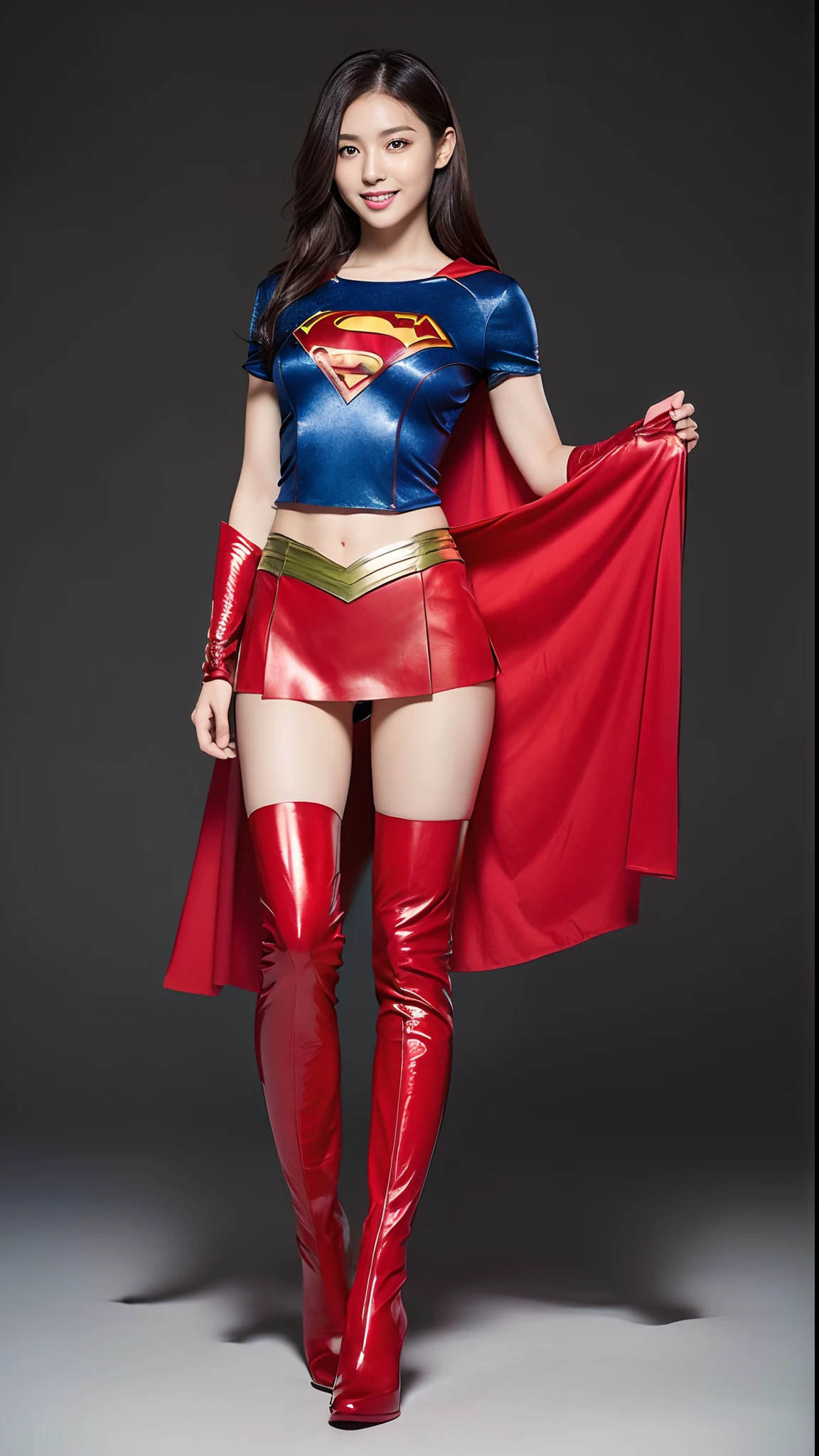 (((Wear black tights on your beautiful legs.)))、(((Grow legs、tall、beauty legs)))、(((facial expression of smile)))、((((Make the most of the original image)))、(((Supergirl Costume)))、(((beautiful hairl)))、(((Suffering)))、(((Feet must necessarily be worn with black tights)))、(((You need to wear red boots)))、((Top image quality、8K))、((top-quality、8K、masterpiece:1.3))、(((Keep your background simple)))、Crisp focus:1.2、Beautiful woman with perfect body shape:1.4、Slender Abs:1.2、Highly detailed facial and skin texture、8K、Asian Beautiful Girl