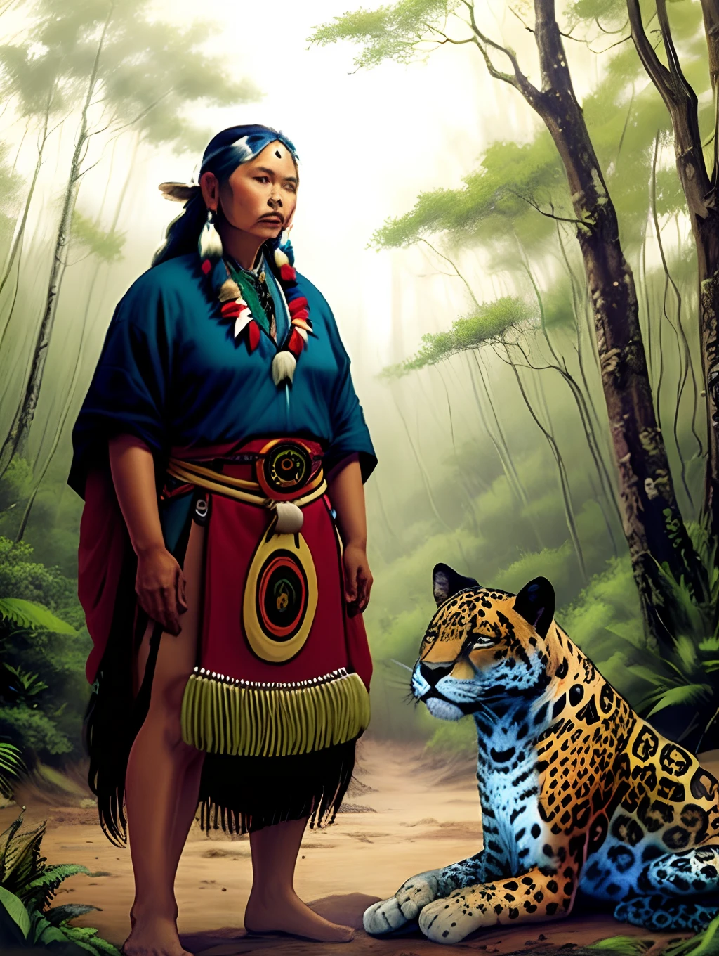 Indigenous in the forest with a jaguar