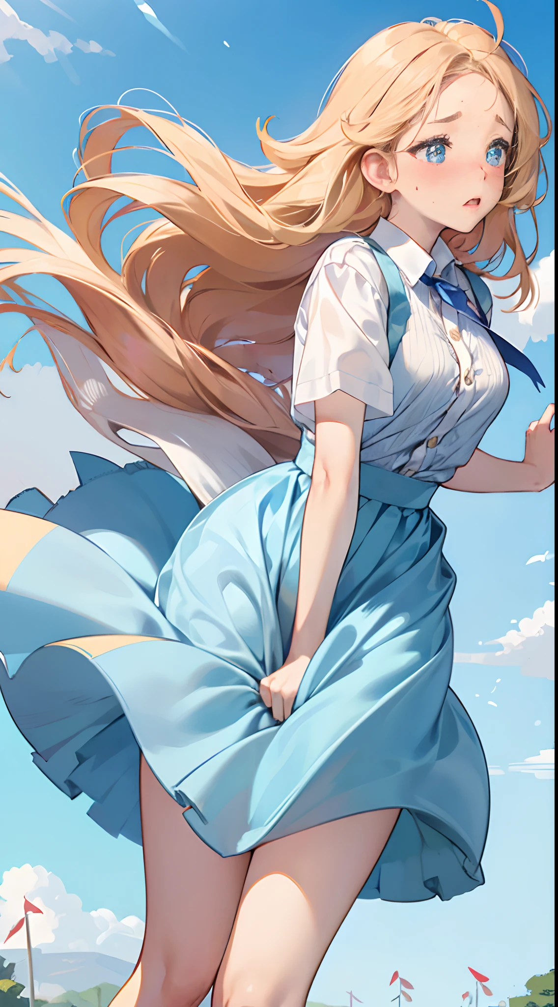 1womanl,Golden head hair,Blue Ribbon ,((Surprised look)),Beautiful breasts,White shirt,Blue Dress,well-styled,,(Facing the front)(((Blushing cheeks、embarassed expression)),(((The skirt is rolled up by the wind)))