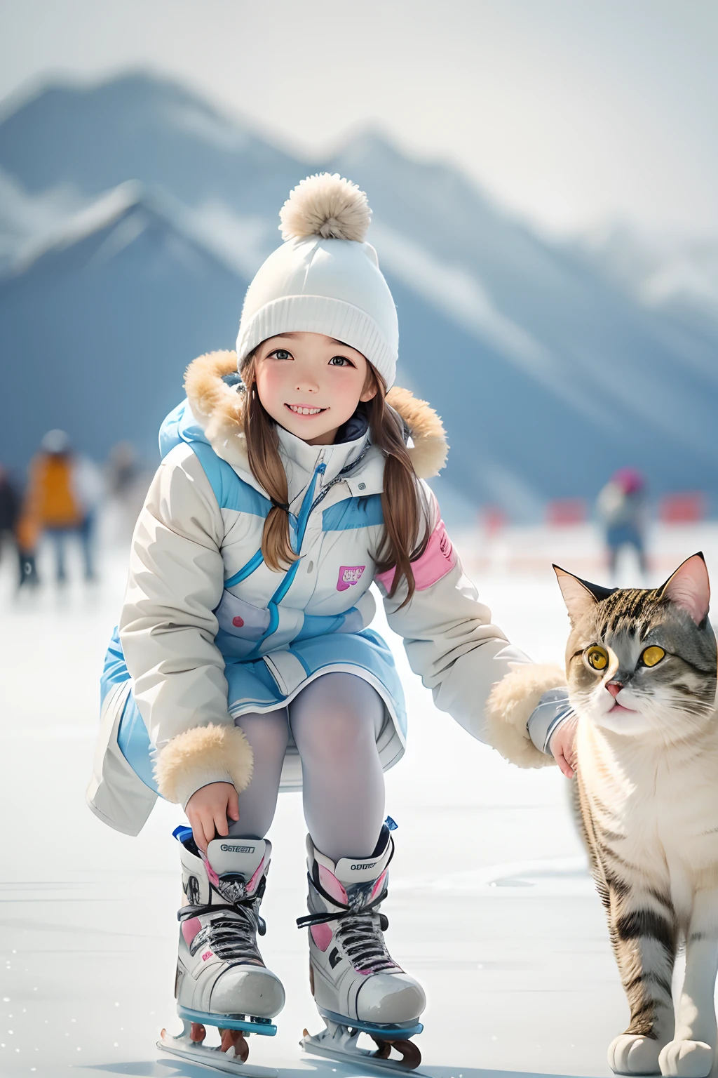 -yeld gi and a round-eyed cute cat,In ice skating, snow mountains.