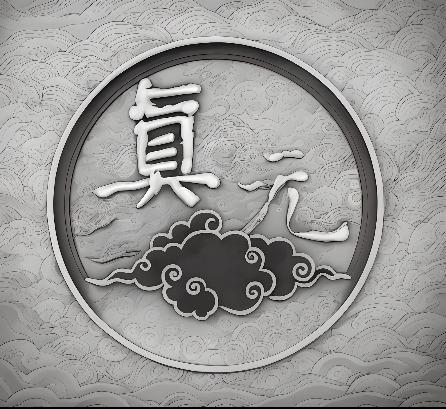 Black and white image of a cloud with kanji, a tattoo inspired by Shūbun Tenshō, Deviant-art, sōsaku hanga, artwork in the style of z.Show on the. gu, chi-gong, The Chinese characters, with white kanji insignias, Daoism, Chinese