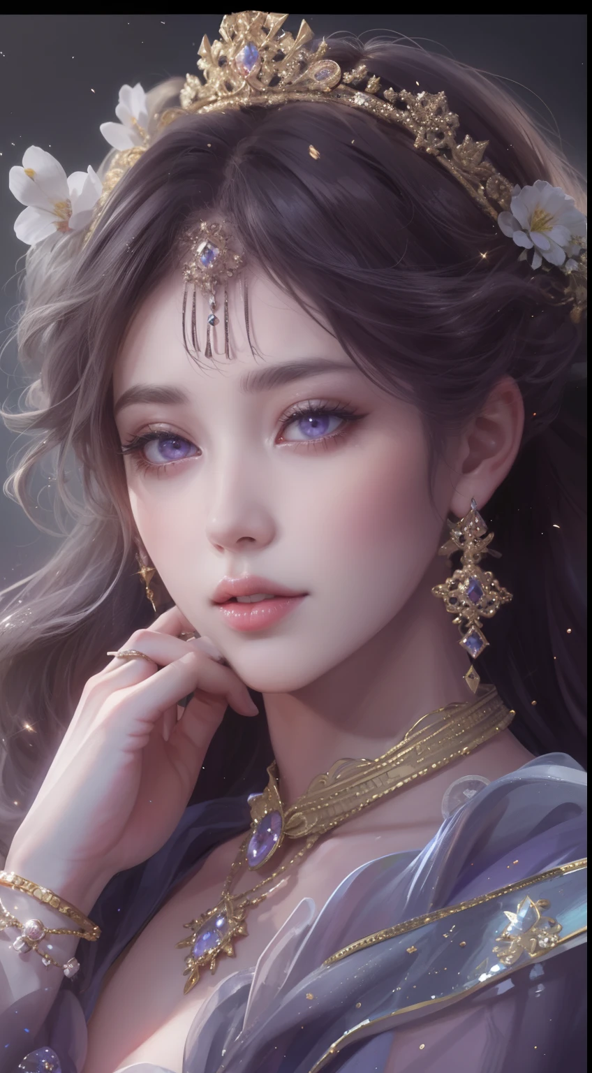 tmasterpiece, Highest high resolution,High-quality content, 8K quality photos with excellent detail, Perfect for presenting dynamic busts of noble maidens, Delicate curves, bend your hair、Creates gorgeous and intricate fabric textures, Plain purple eyes, Delicate floral decoration, Sparkling Crystal Jewelry, Very focused and subtle details。