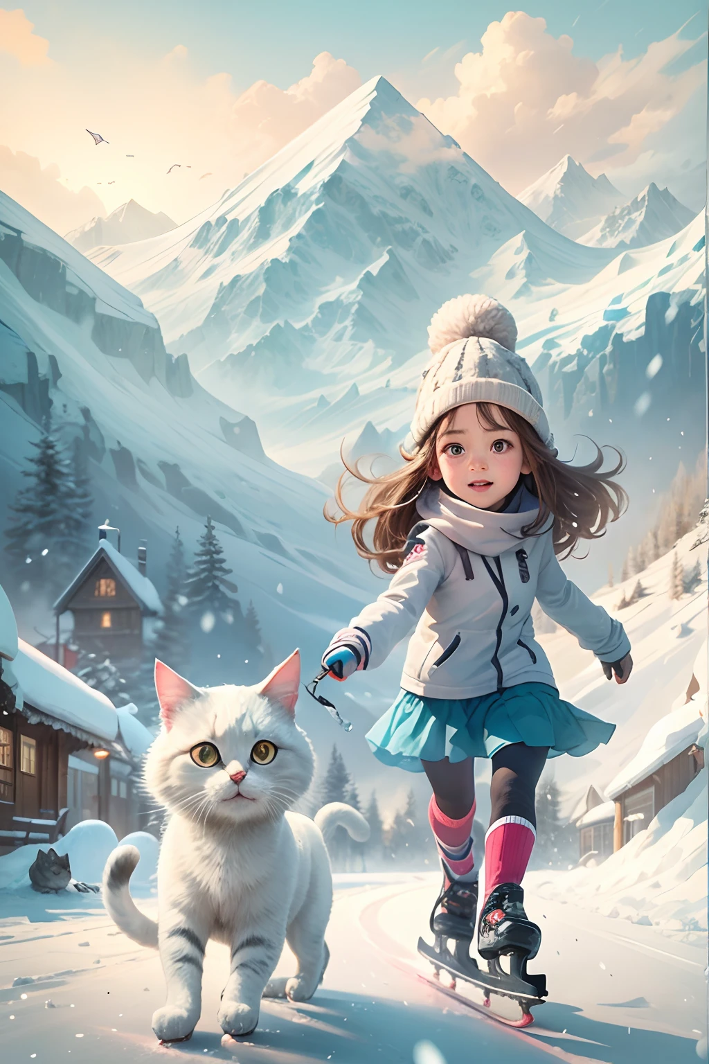 -yeld gi and a round-eyed cute cat,In ice skating, snow mountains.