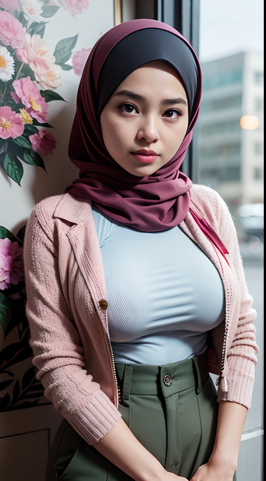 1 malay girl , modern plain hijab,  shy, medium portrait shot , watery  eyes ,lip watery, lip glossy, open mounth, ((big breast)), wear Half Button Rib Knit Tee with pastel color jacket and High Waist Plicated Detail Suit Pants, (big breast) , flower garden background, bokeh background, proportional body,